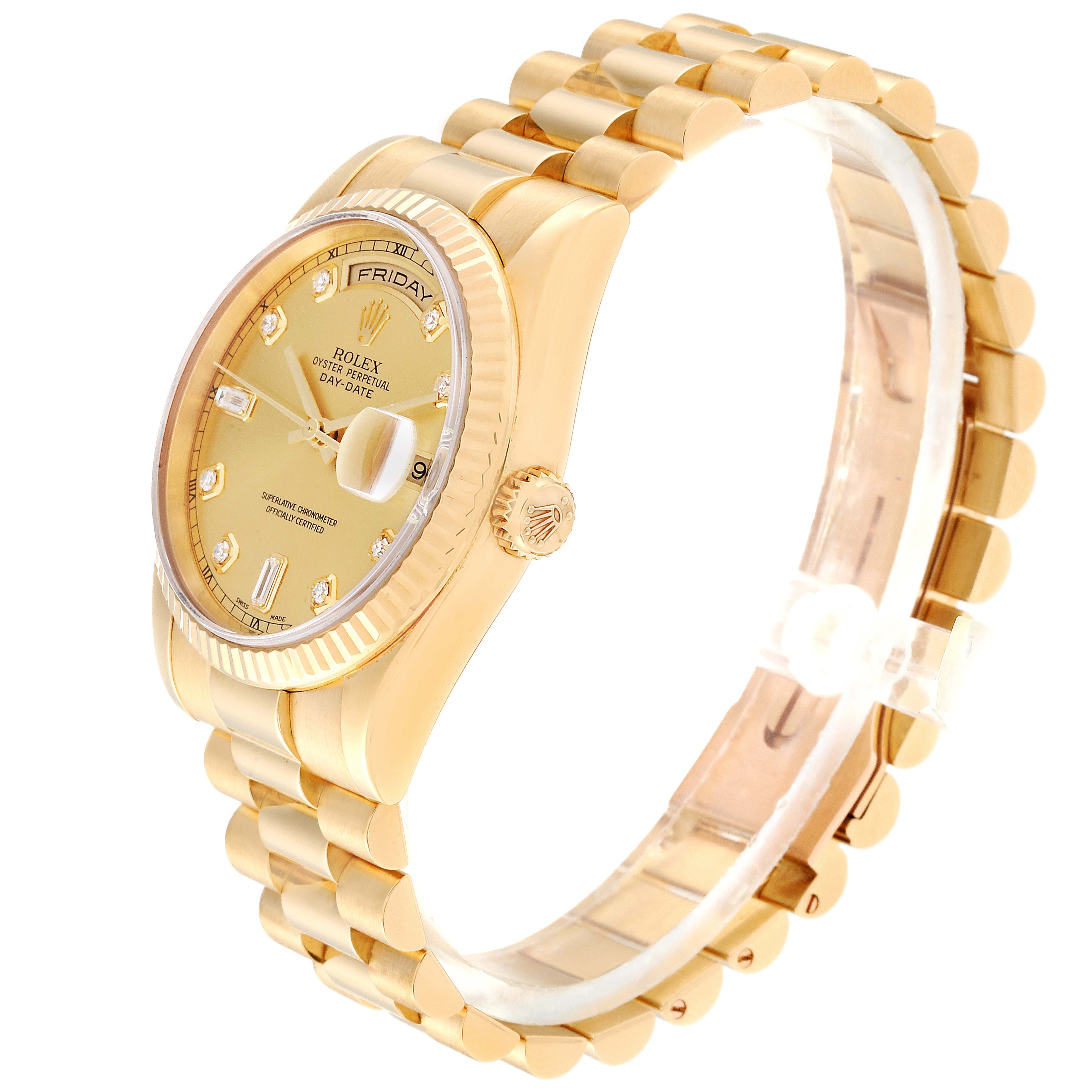 The image shows a side angle of a gold Rolex President 118238 Men's Yellow Gold Champagne Dial 118238 Men's Yellow Gold Champagne Dial model watch, highlighting its crown, fluted bezel, dial, and bracelet.