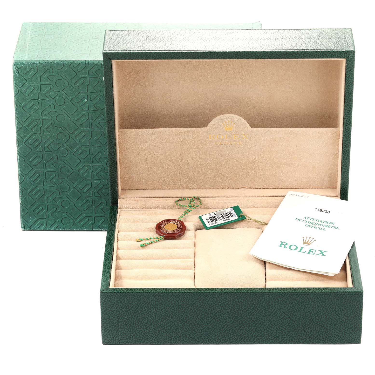 The image shows an open green Rolex President 118238 Men's Yellow Gold Champagne Dial 118238 Men's Yellow Gold Champagne Dial model watch case with an empty interior, accompanying tags, and documents.