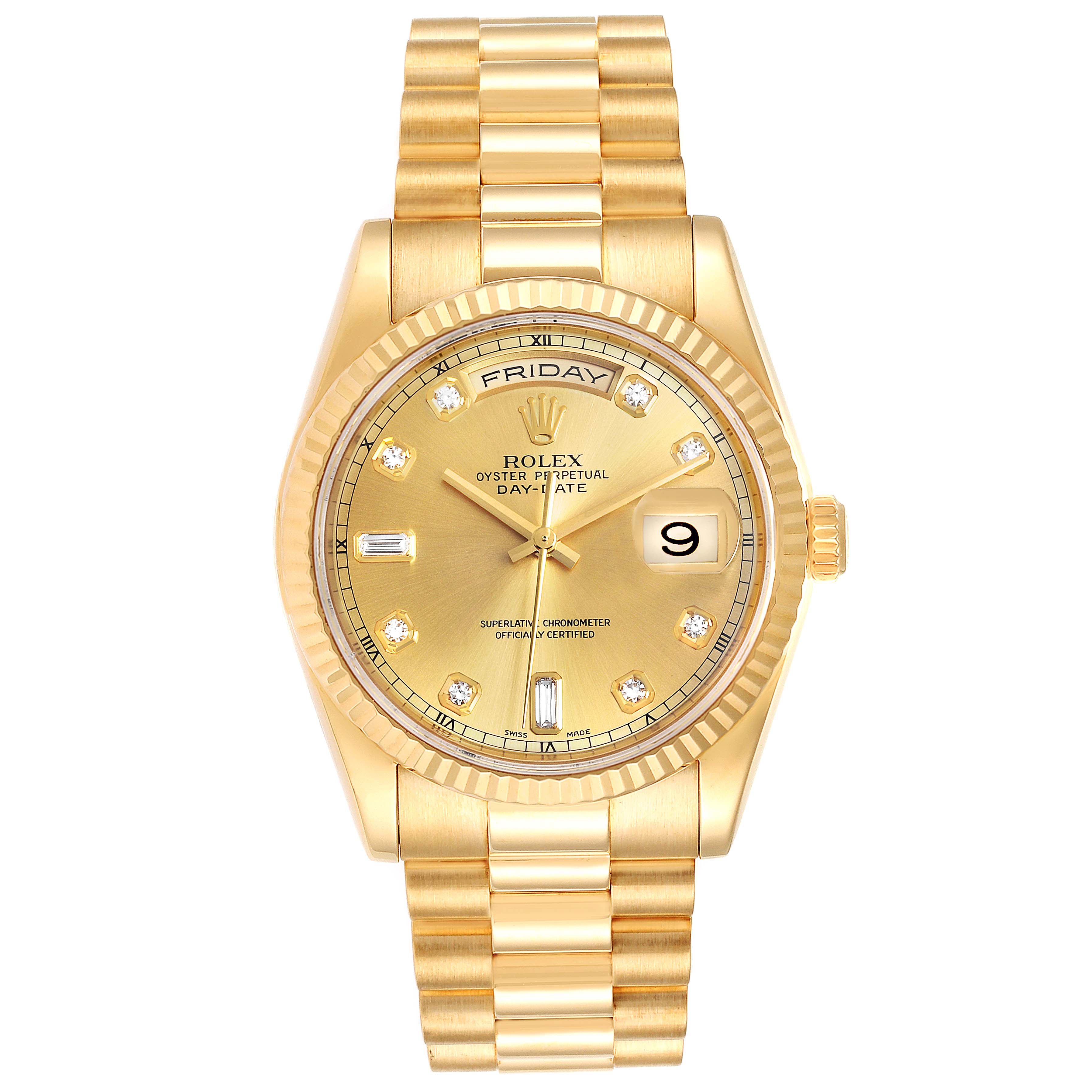 The image shows a front view of a Rolex President 118238 Men's Yellow Gold Champagne Dial 118238 Men's Yellow Gold Champagne Dial model watch, highlighting the gold bracelet, face, and day-date display.