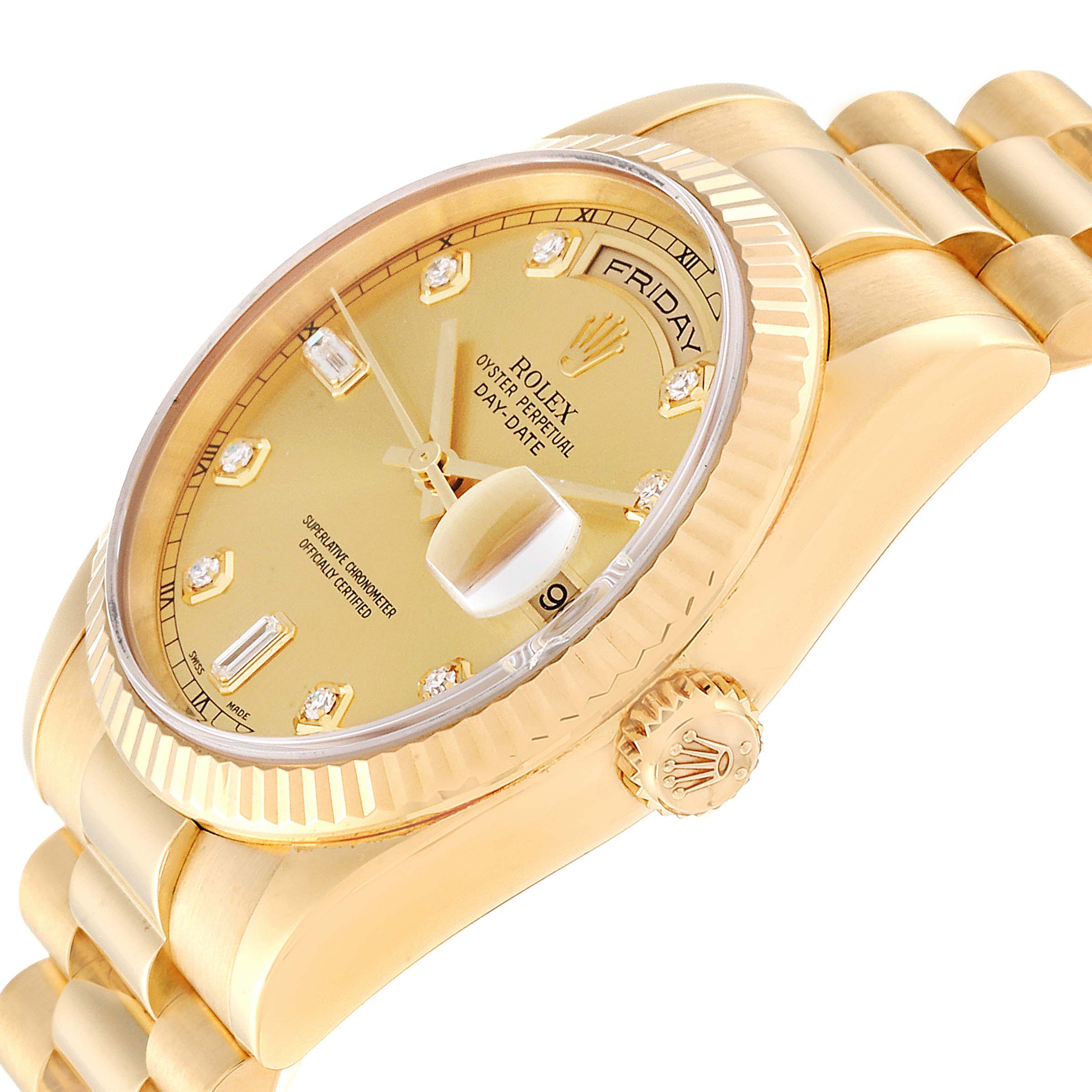 The image shows a close-up side angle of the Rolex President 118238 Men's Yellow Gold Champagne Dial 118238 Men's Yellow Gold Champagne Dial model watch, highlighting its dial, bezel, and crown.