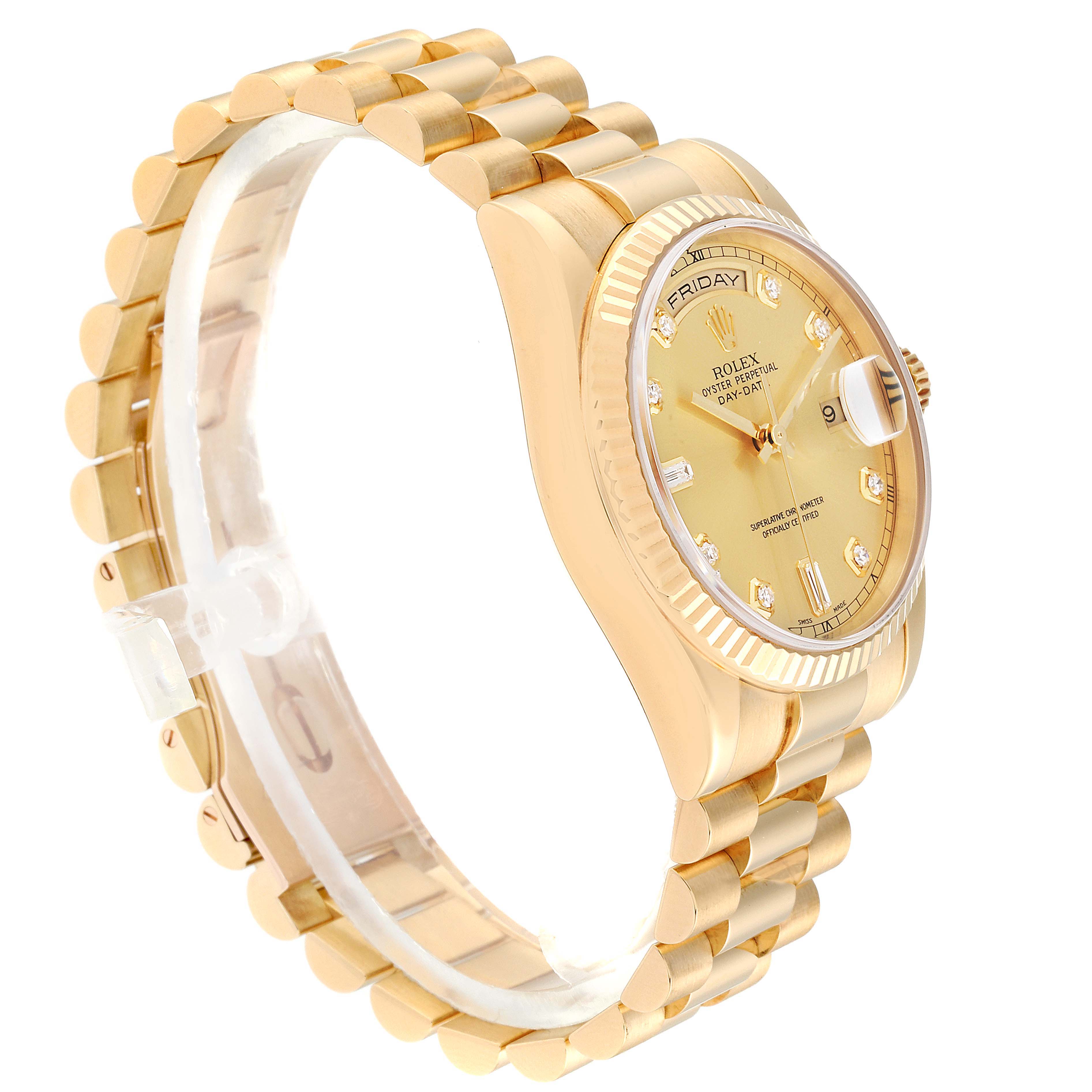 This image shows a side view of the Rolex President 118238 Men's Yellow Gold Champagne Dial 118238 Men's Yellow Gold Champagne Dial model watch, highlighting its gold bracelet and dial.