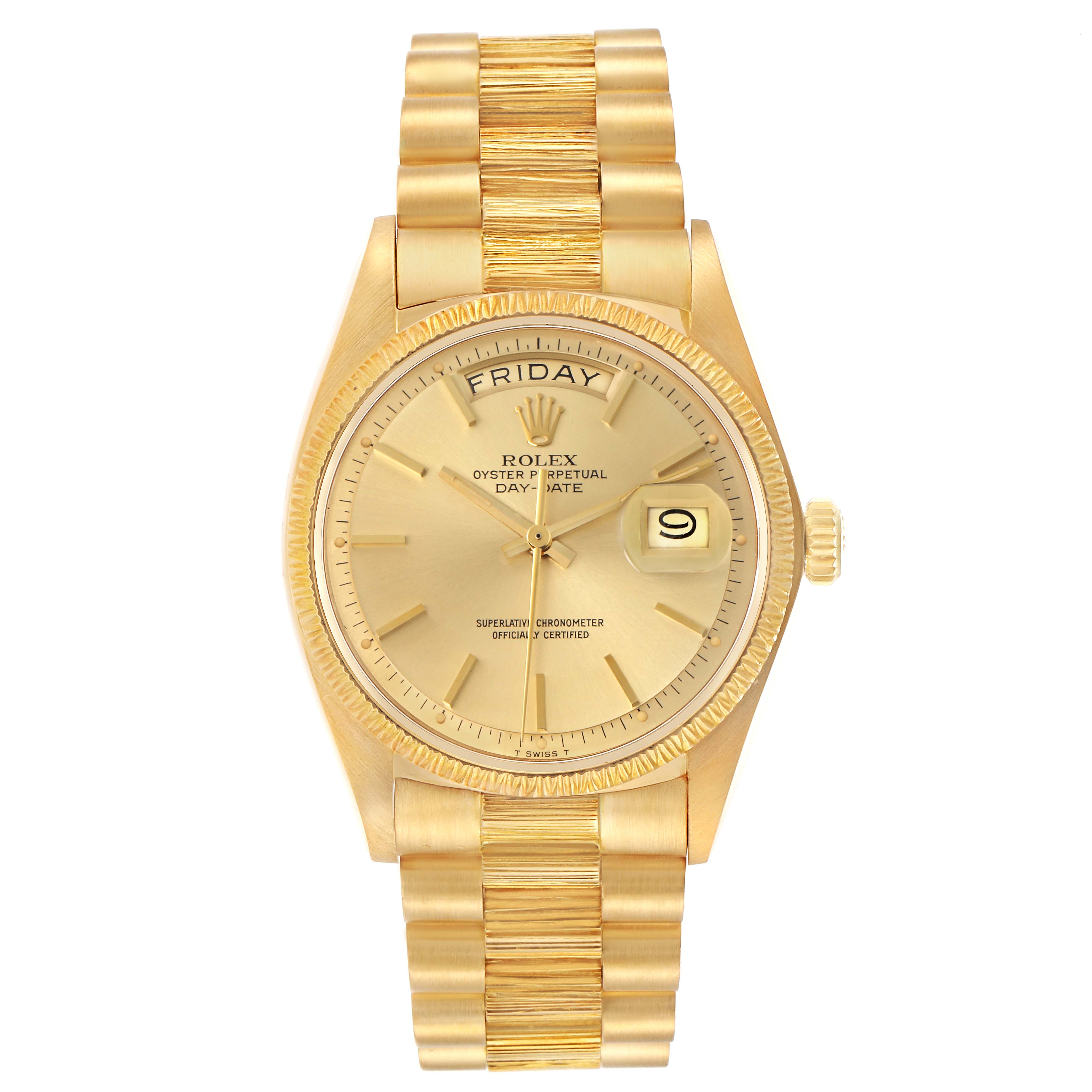 The Rolex President model 1807 men's watch is shown from a direct top-down angle, displaying the entire face, bezel, and bracelet.