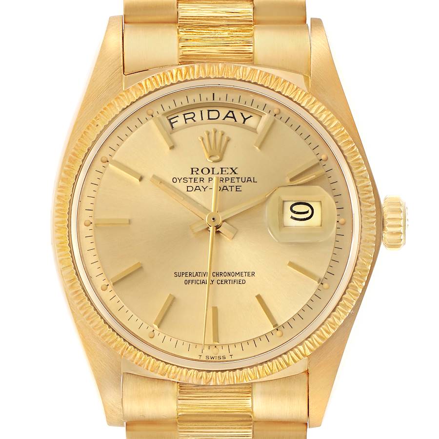 The image shows a front view of the Rolex President model, number 1807, displaying the dial, bezel, day, and date window, along with part of the bracelet.