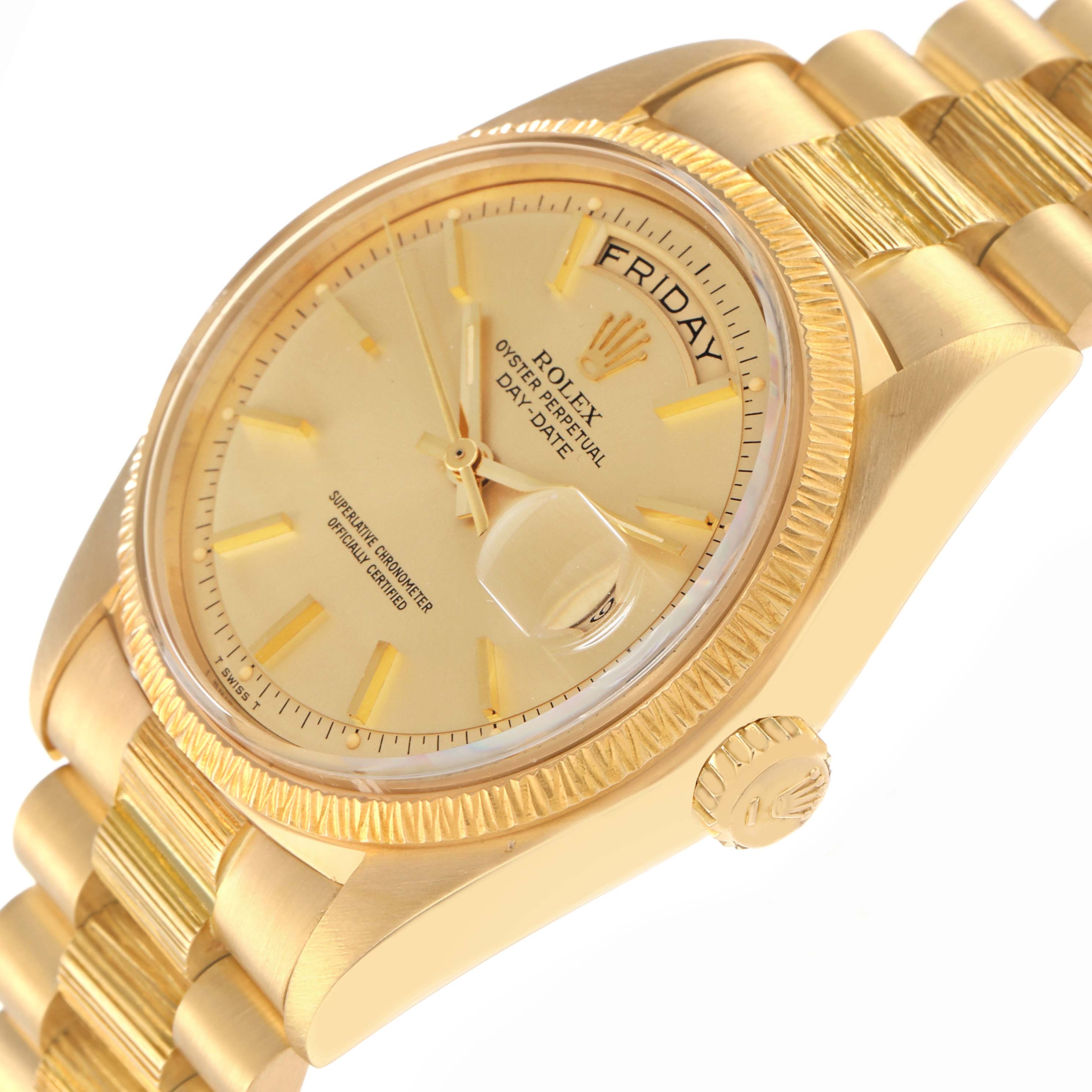 The Rolex President model 1807 men's watch is shown at a slight angle highlighting the dial, bezel, crown, and part of the gold bracelet.