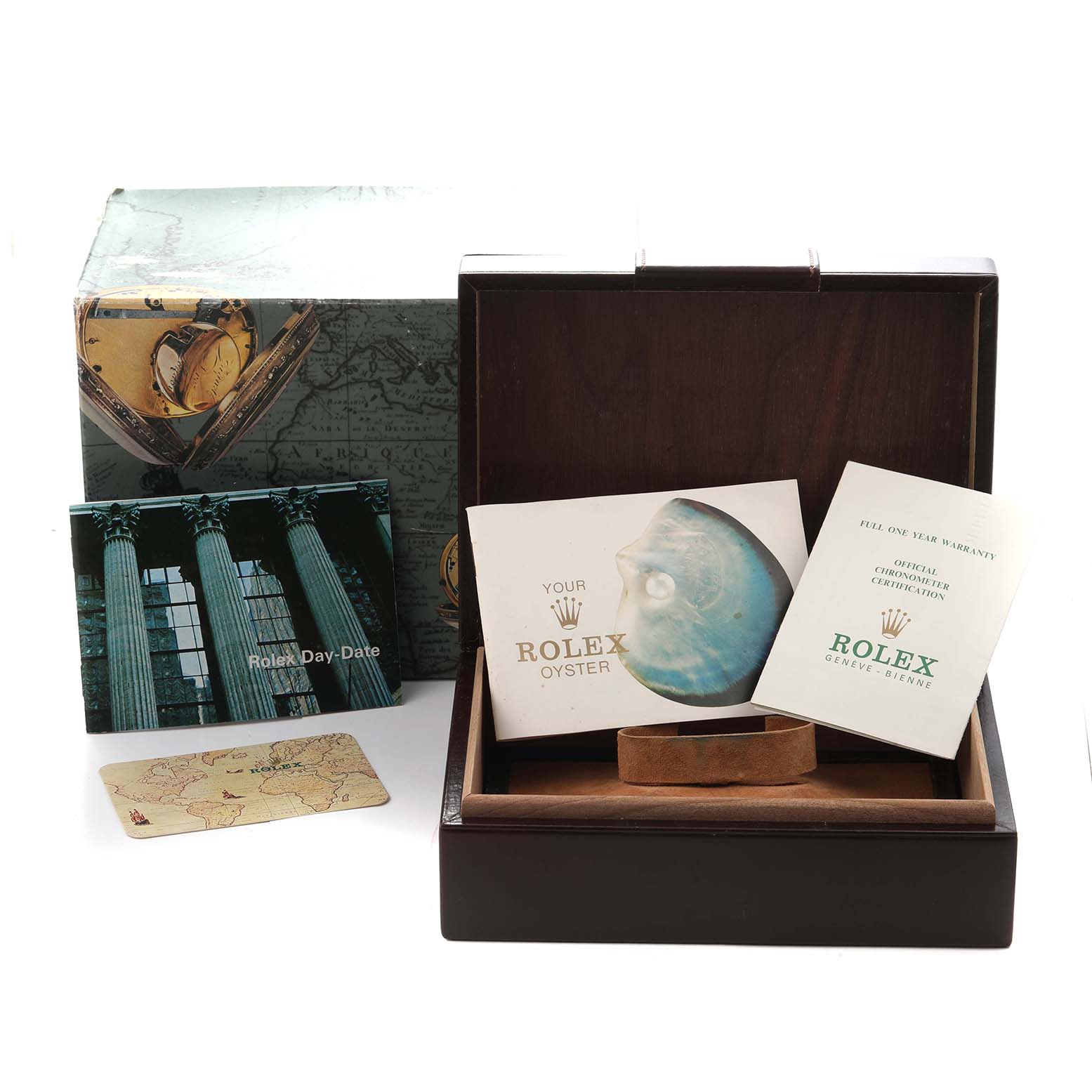 The image shows packaging and accessories for a Rolex President model 1807 men's watch, including a wooden box, booklets, and an outer box.