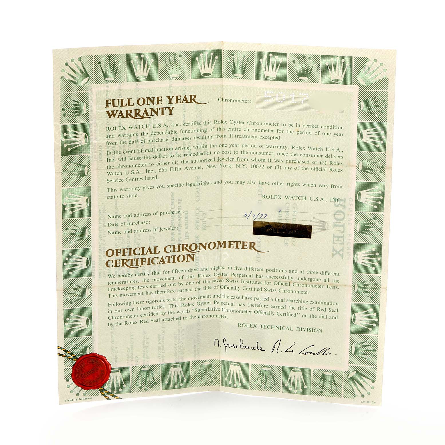 The image shows an official chronometer certification document for the Rolex President model 1807 men's watch, featuring warranty and certification details.