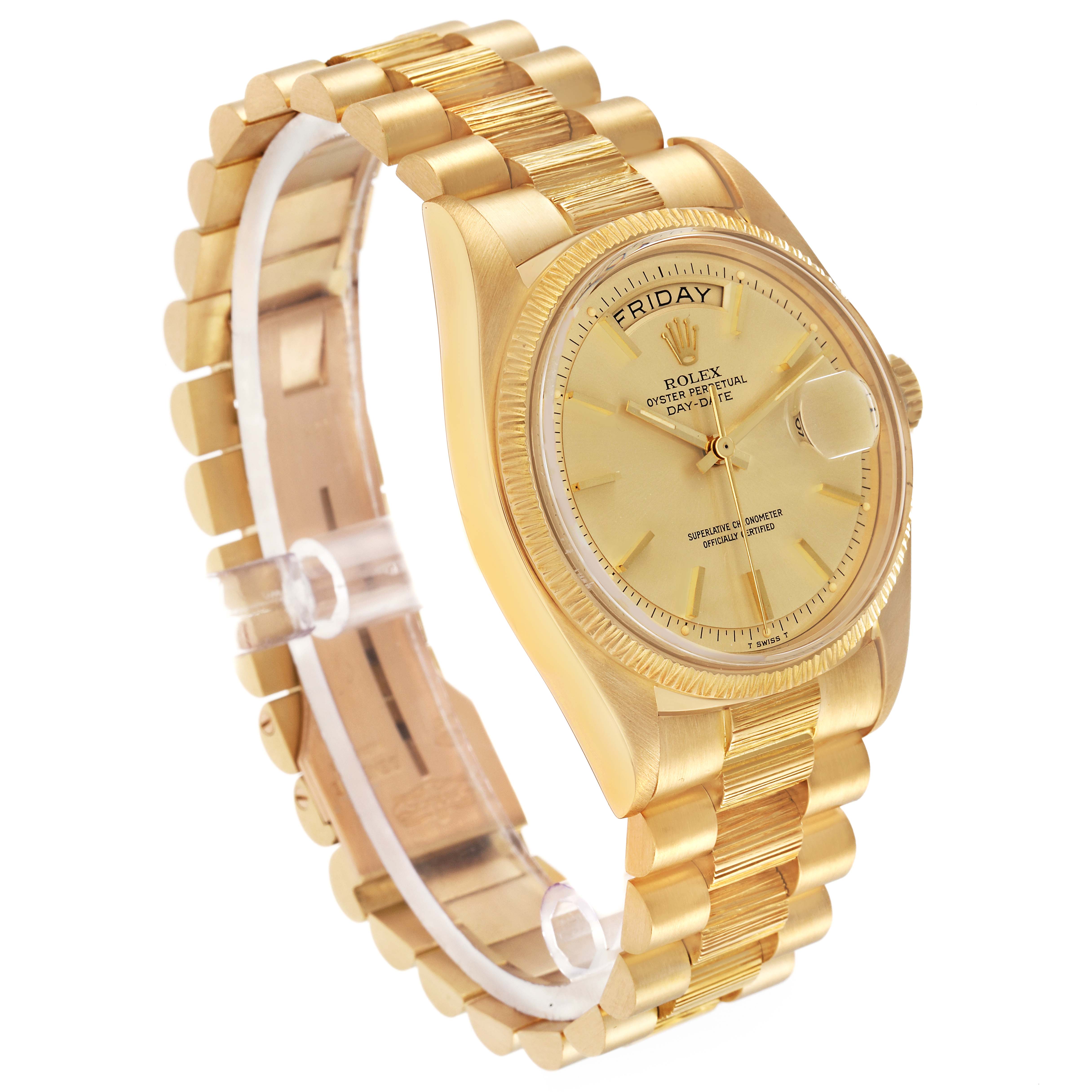 The Rolex President model 1807 men's watch is shown at an angled side view, displaying the bracelet, case, dial, and day display.