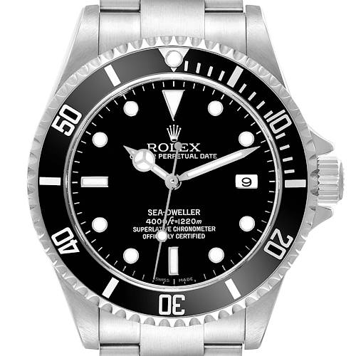 The image shows a front view of the Rolex Sea-Dweller watch, highlighting its dial, bezel, and bracelet.