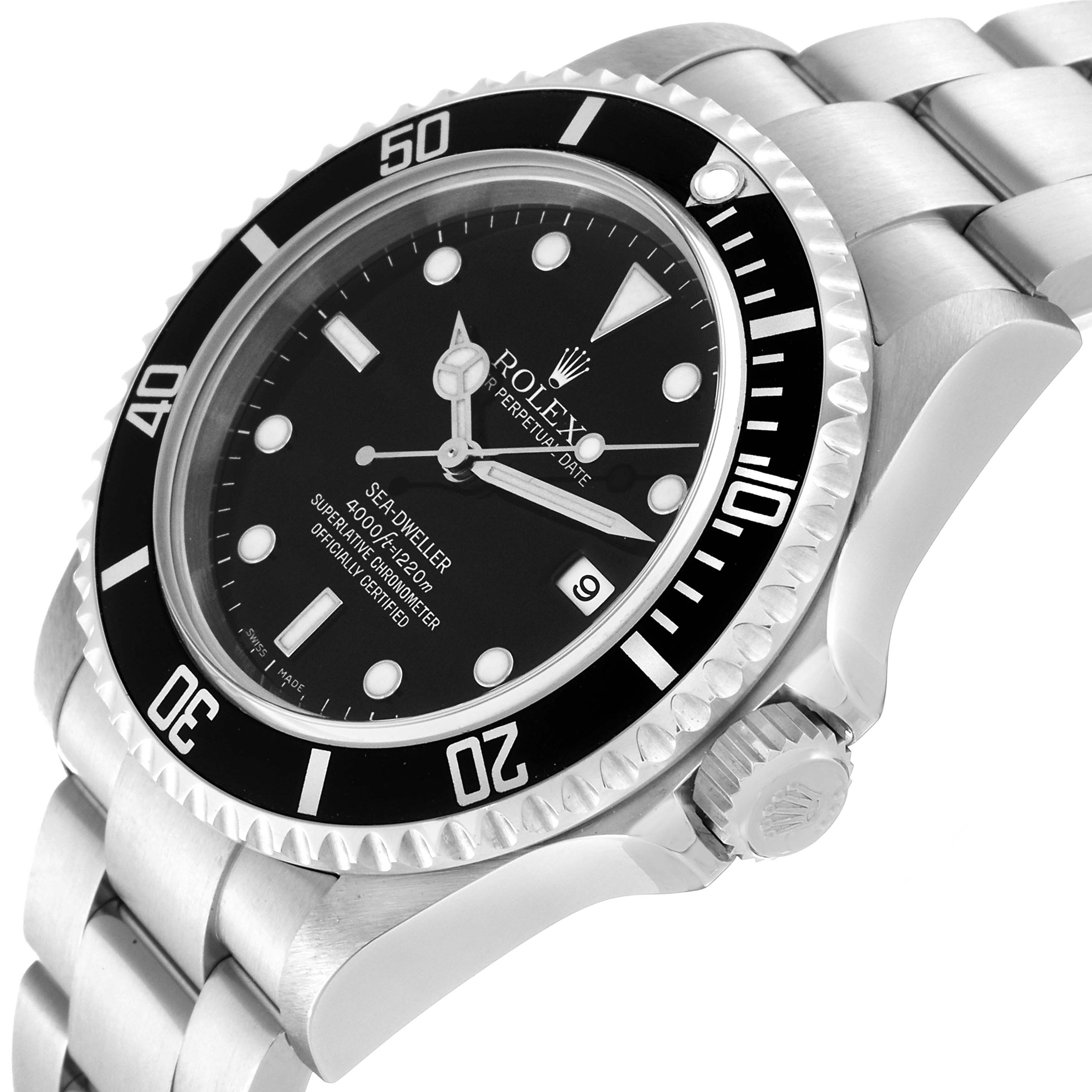 The Rolex Sea-Dweller 16600 Men's Stainless Steel Black Dial 16600 Men's Stainless Steel Black Dial watch is shown at a slight side angle, displaying the dial, bezel, crown, and part of the bracelet.