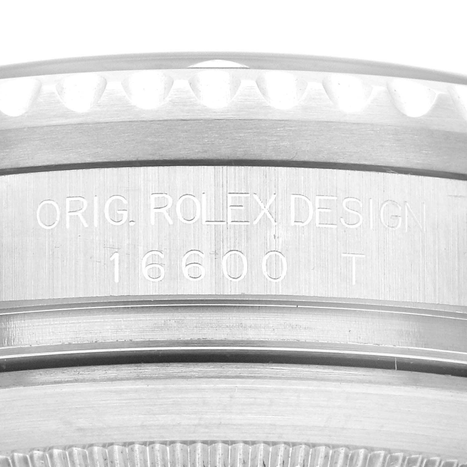 This close-up image shows the side view of the bezel and case side of a Rolex Sea-Dweller 16600 Men's Stainless Steel Black Dial 16600 Men's Stainless Steel Black Dial model, highlighting the engraved details.