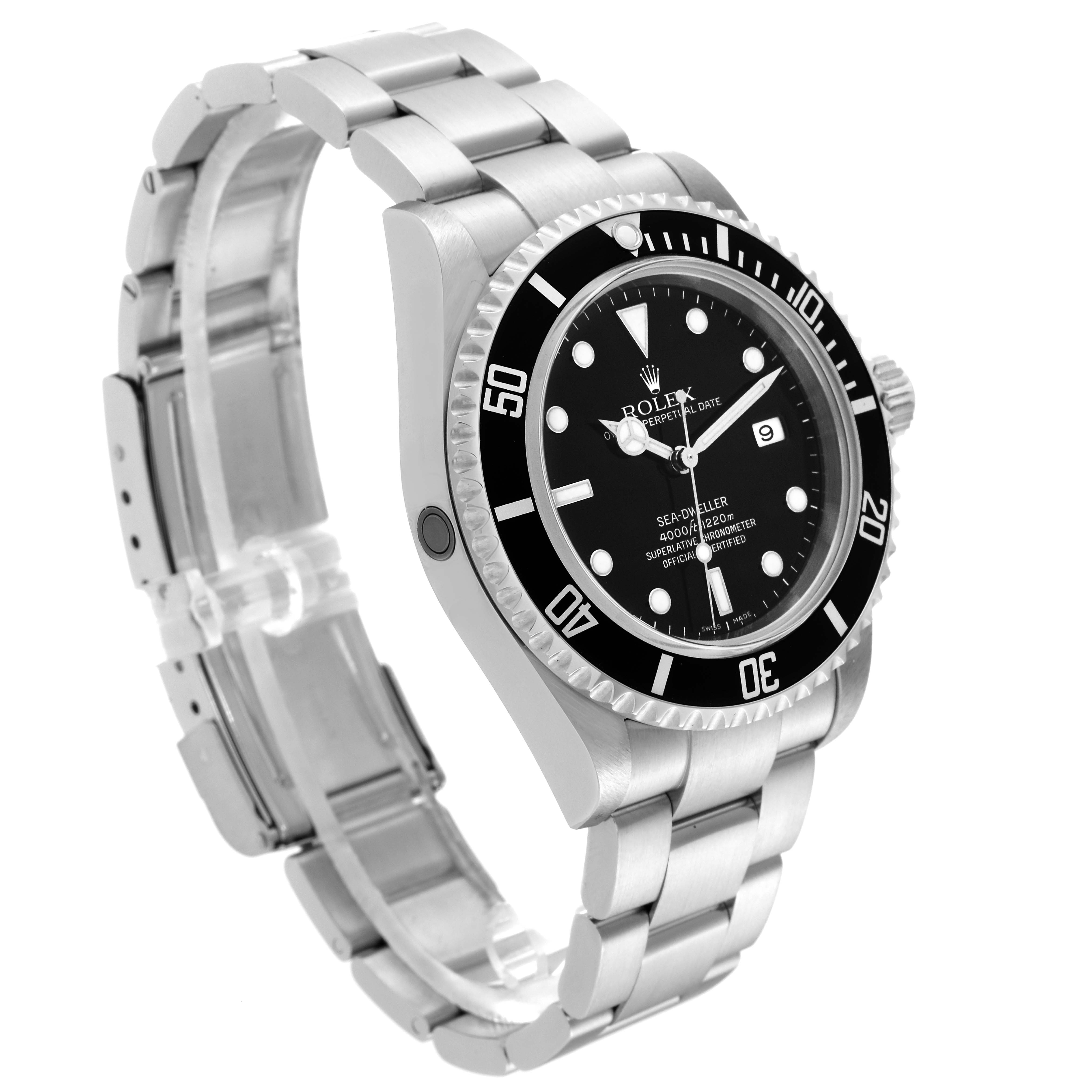The Rolex Sea-Dweller 16600 Men's Stainless Steel Black Dial 16600 Men's Stainless Steel Black Dial watch is shown at an angled side view, featuring the bezel, dial, bracelet, and clasp.