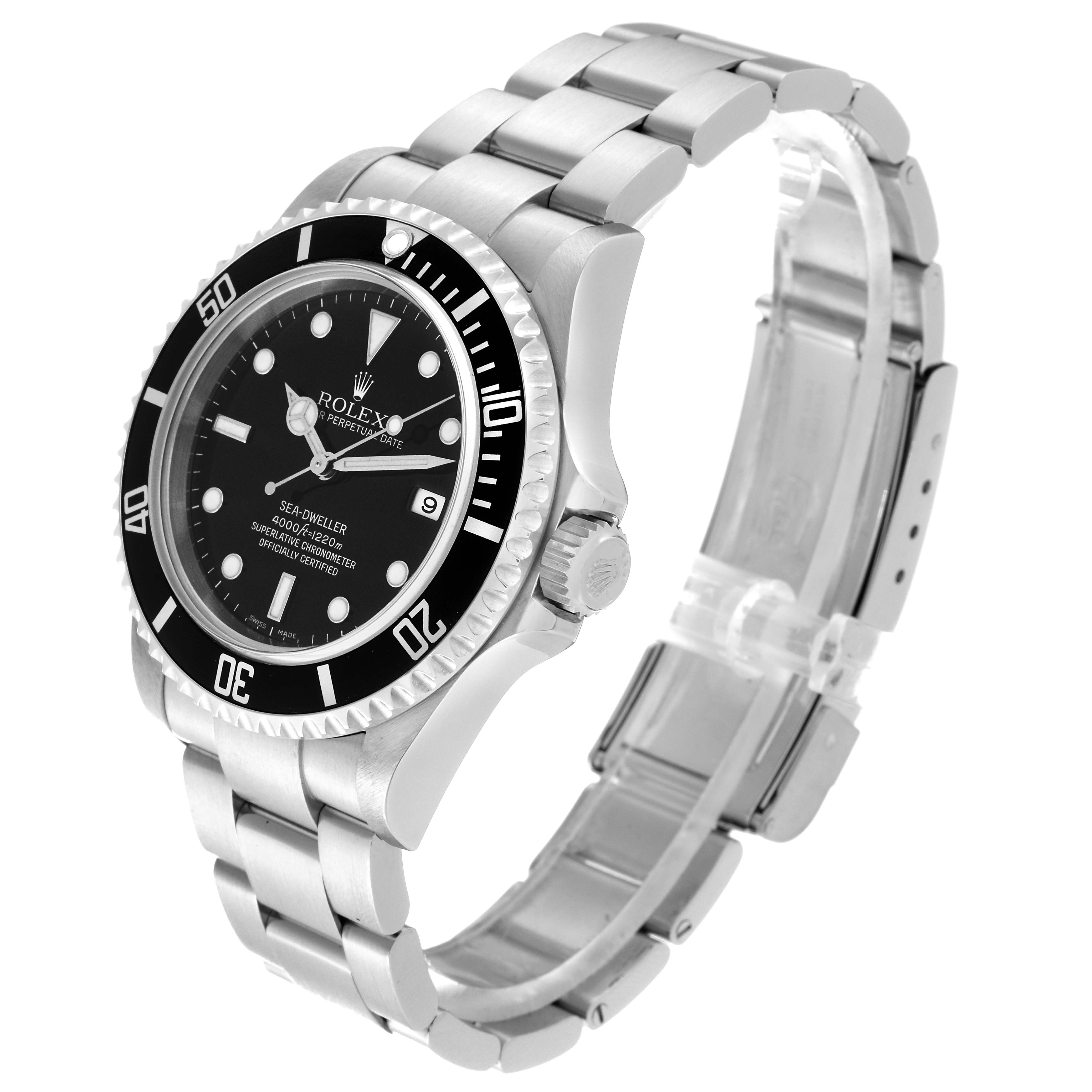 The Rolex Sea-Dweller 16600 Men's Stainless Steel Black Dial 16600 Men's Stainless Steel Black Dial watch is shown from a side angle, displaying its dial, bezel, crown, and bracelet.