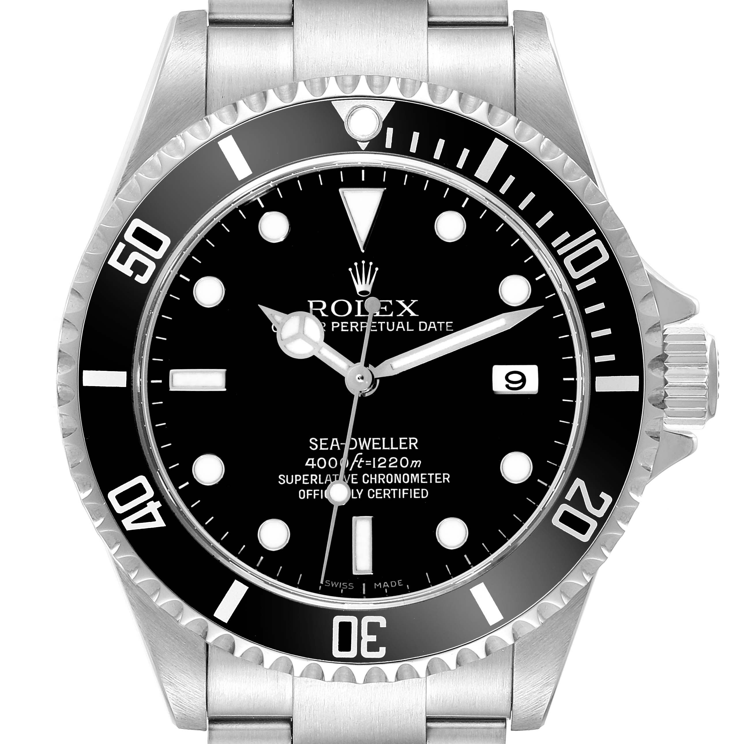 This image shows a front view of the Rolex Sea-Dweller 16600 Men's Stainless Steel Black Dial 16600 Men's Stainless Steel Black Dial watch, highlighting the dial, bezel, hands, and crown.
