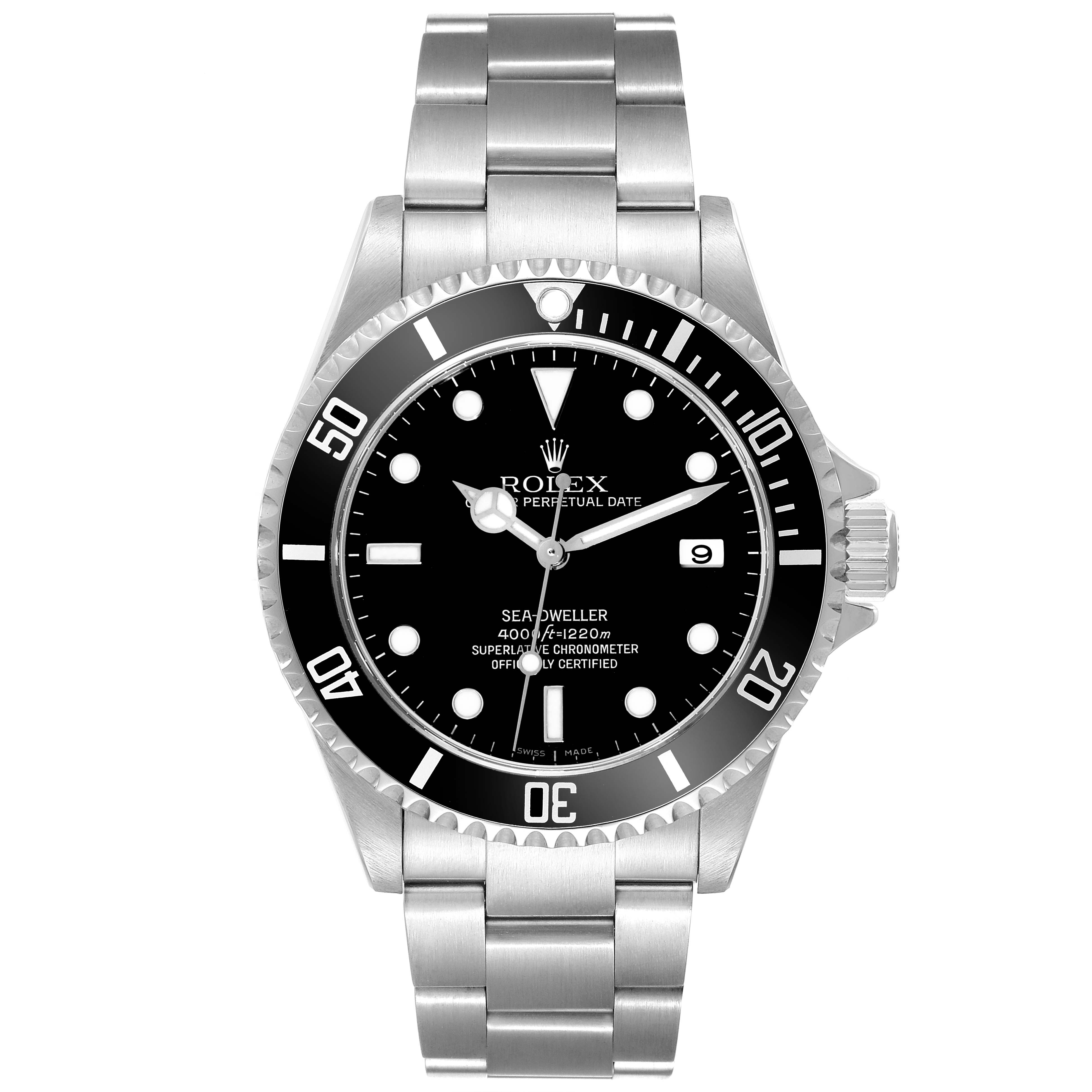 This image shows a front view of the Rolex Sea-Dweller 16600 Men's Stainless Steel Black Dial 16600 Men's Stainless Steel Black Dial watch, including its bezel, dial, and bracelet.