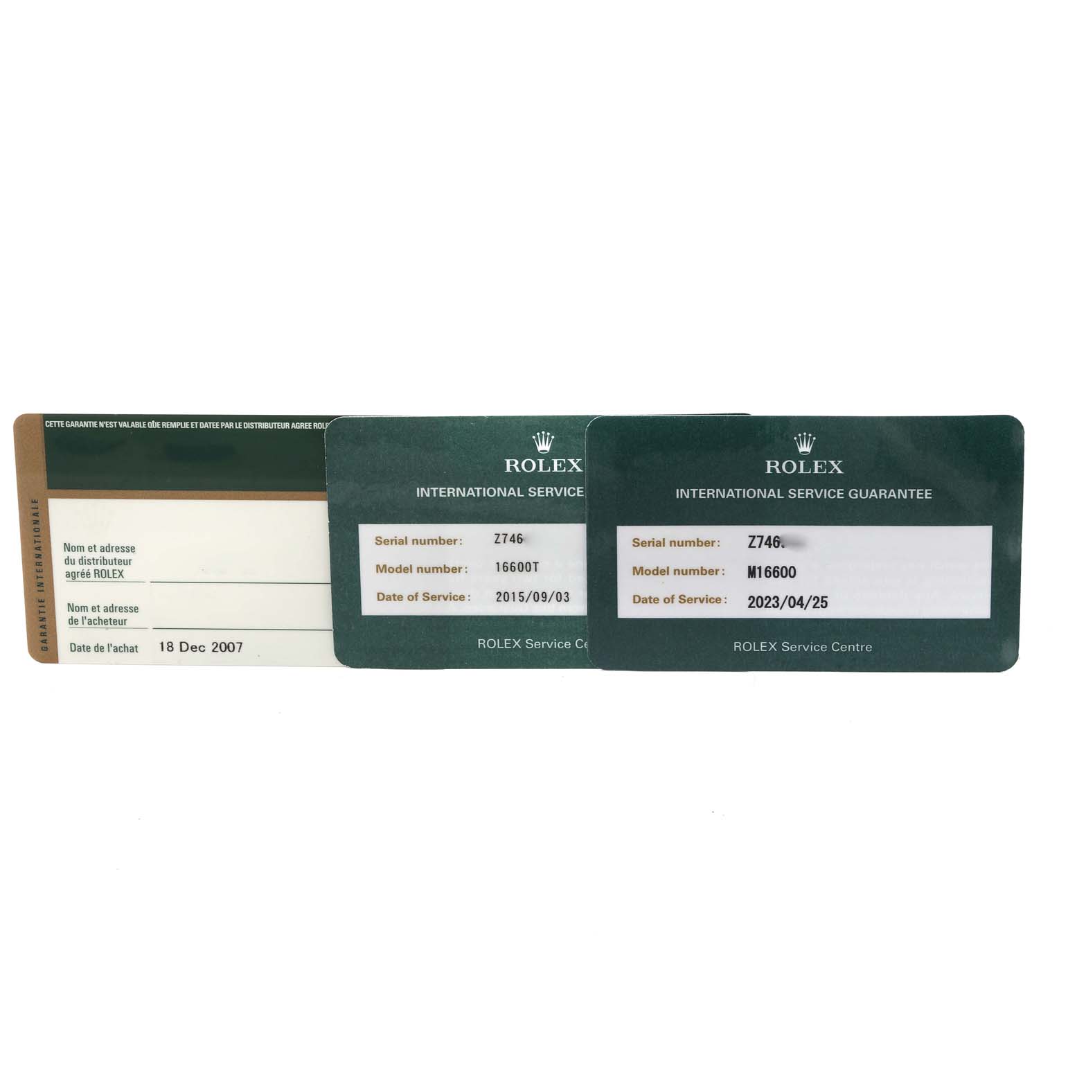 This image shows the warranty and service guarantee cards for a Rolex Sea-Dweller 16600 Men's Stainless Steel Black Dial 16600 Men's Stainless Steel Black Dial model.