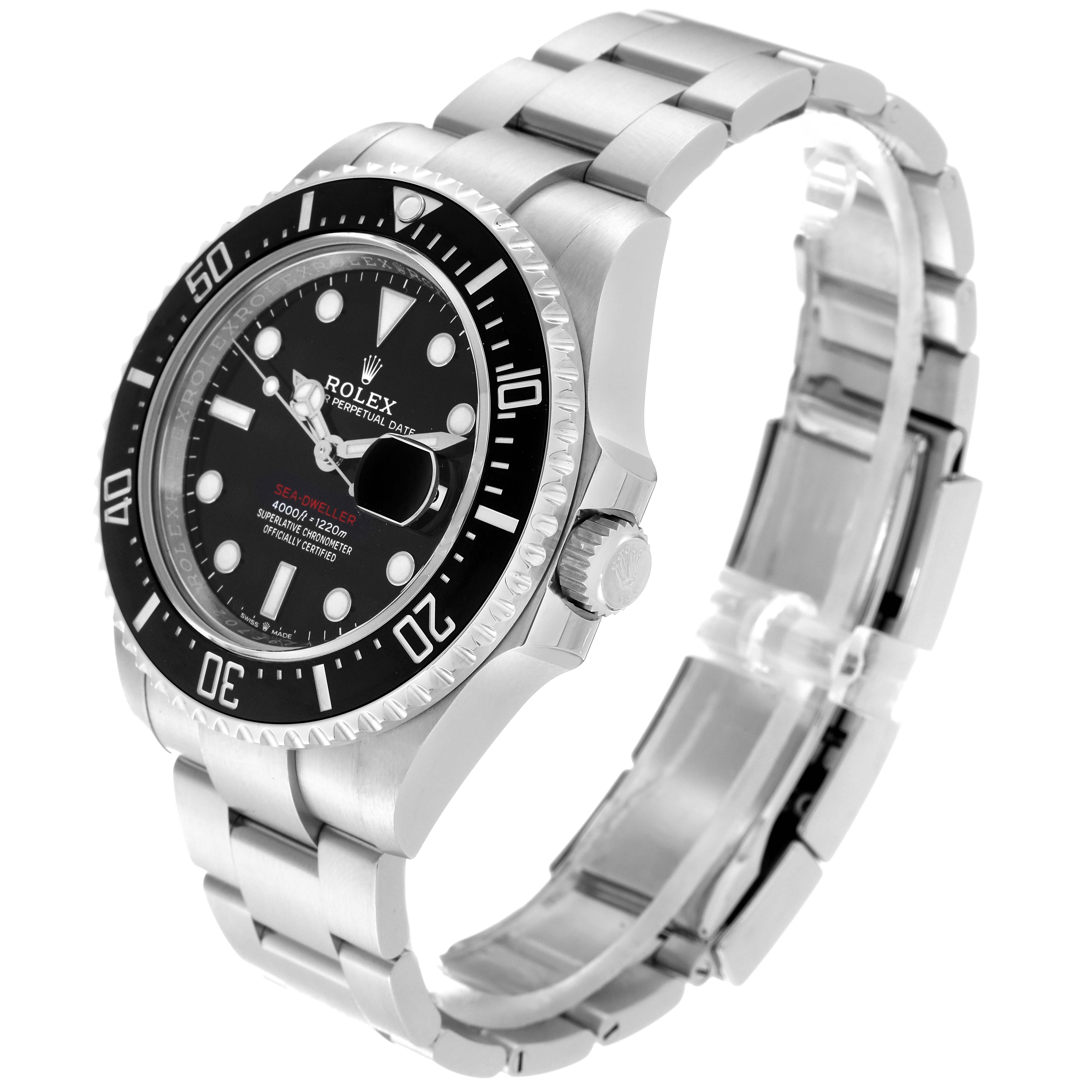 The Rolex Sea-Dweller 126600 Men
s Stainless Steel Black Dial 126600 Men
s Stainless Steel Black Dial watch is shown at an angle, highlighting the face, bezel, crown, and stainless steel bracelet.