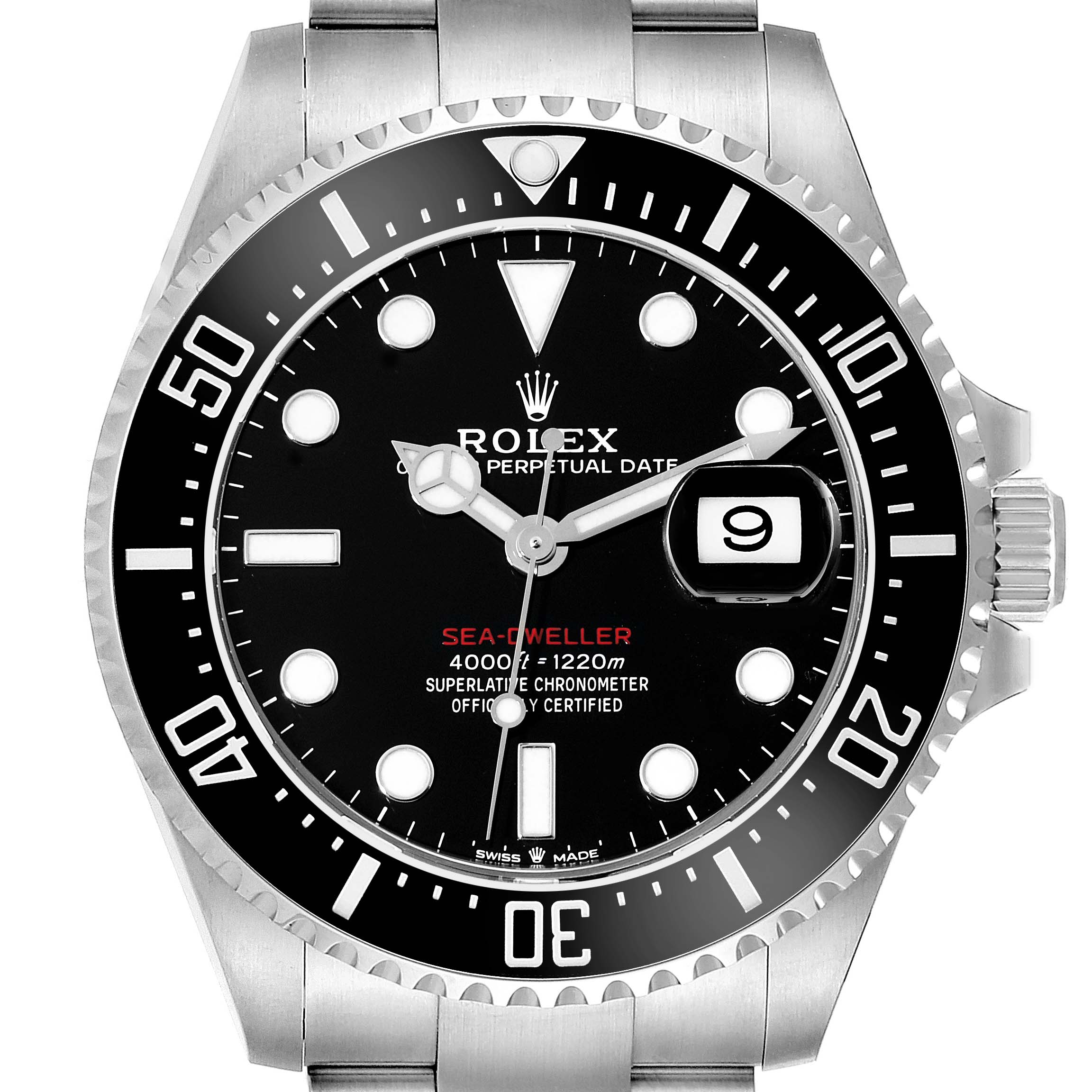 The image shows a frontal view of the Rolex Sea-Dweller 126600 Men
s Stainless Steel Black Dial 126600 Men
s Stainless Steel Black Dial watch, displaying its bezel, dial, hands, and date magnifier.