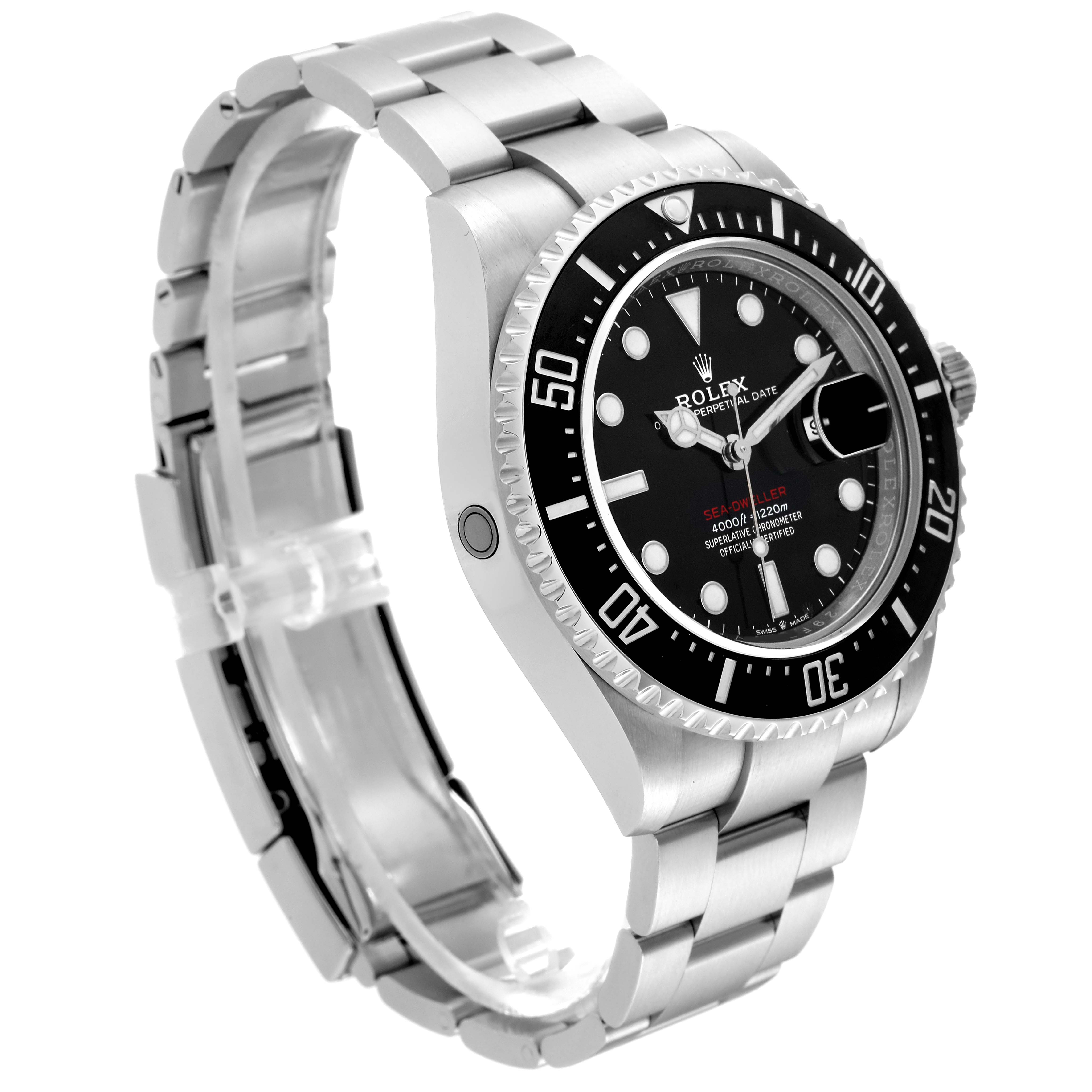 This image shows a Rolex Sea-Dweller 126600 Men
s Stainless Steel Black Dial 126600 Men
s Stainless Steel Black Dial watch from an angled side view, highlighting the face, bezel, case, and bracelet.
