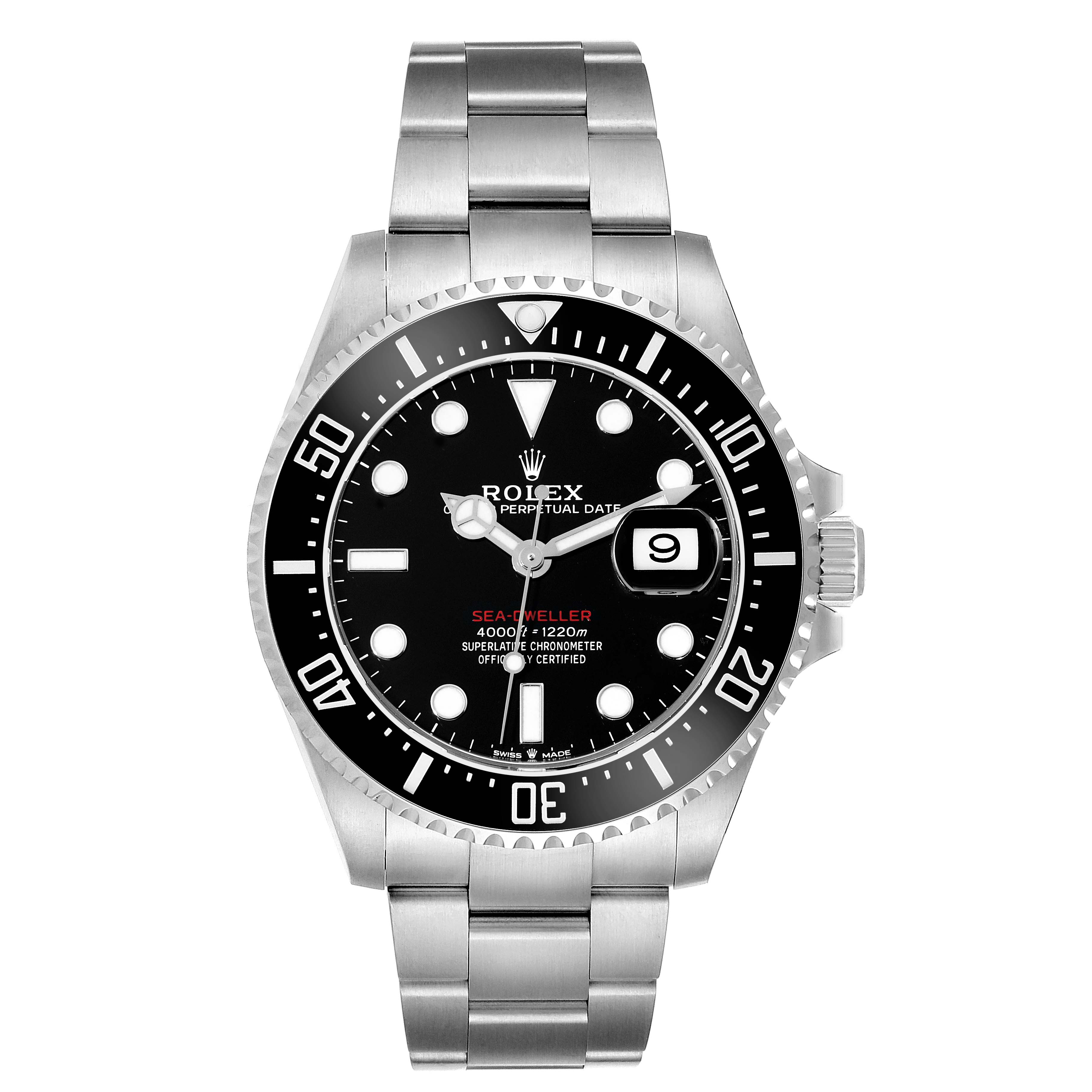 The image shows a front view of a Rolex Sea-Dweller 126600 Men
s Stainless Steel Black Dial 126600 Men
s Stainless Steel Black Dial watch, highlighting its dial, bezel, and bracelet.