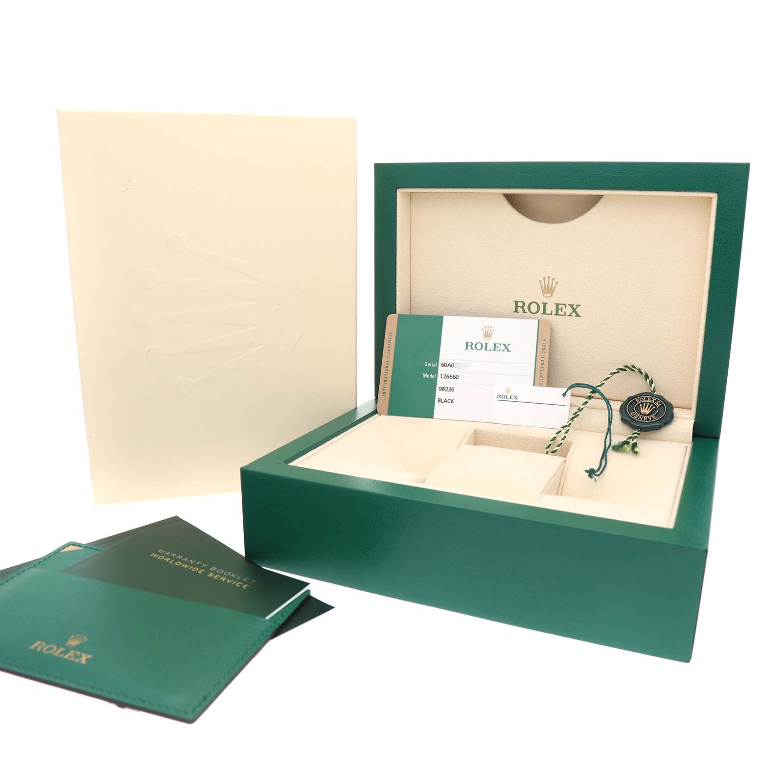 The image shows an open Rolex Sea-Dweller 126660 Men's Stainless Steel Black Dial watch box with certificates and tags placed inside, viewed from the front.