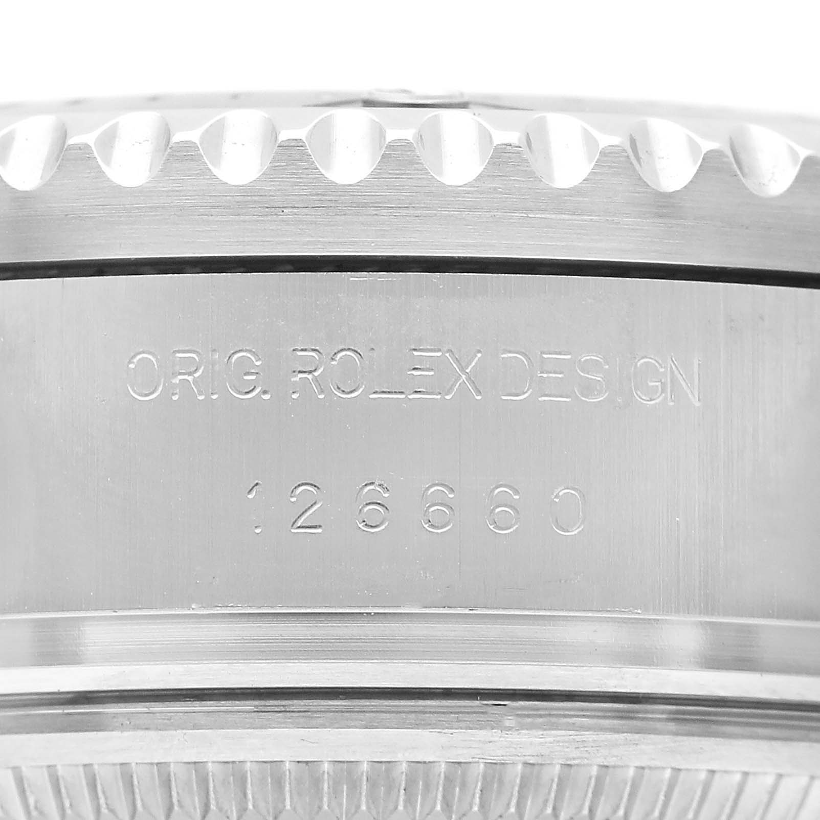The image shows the side engraving of the Rolex Sea-Dweller 126660 Men's Stainless Steel Black Dial, displaying the model number 126660.