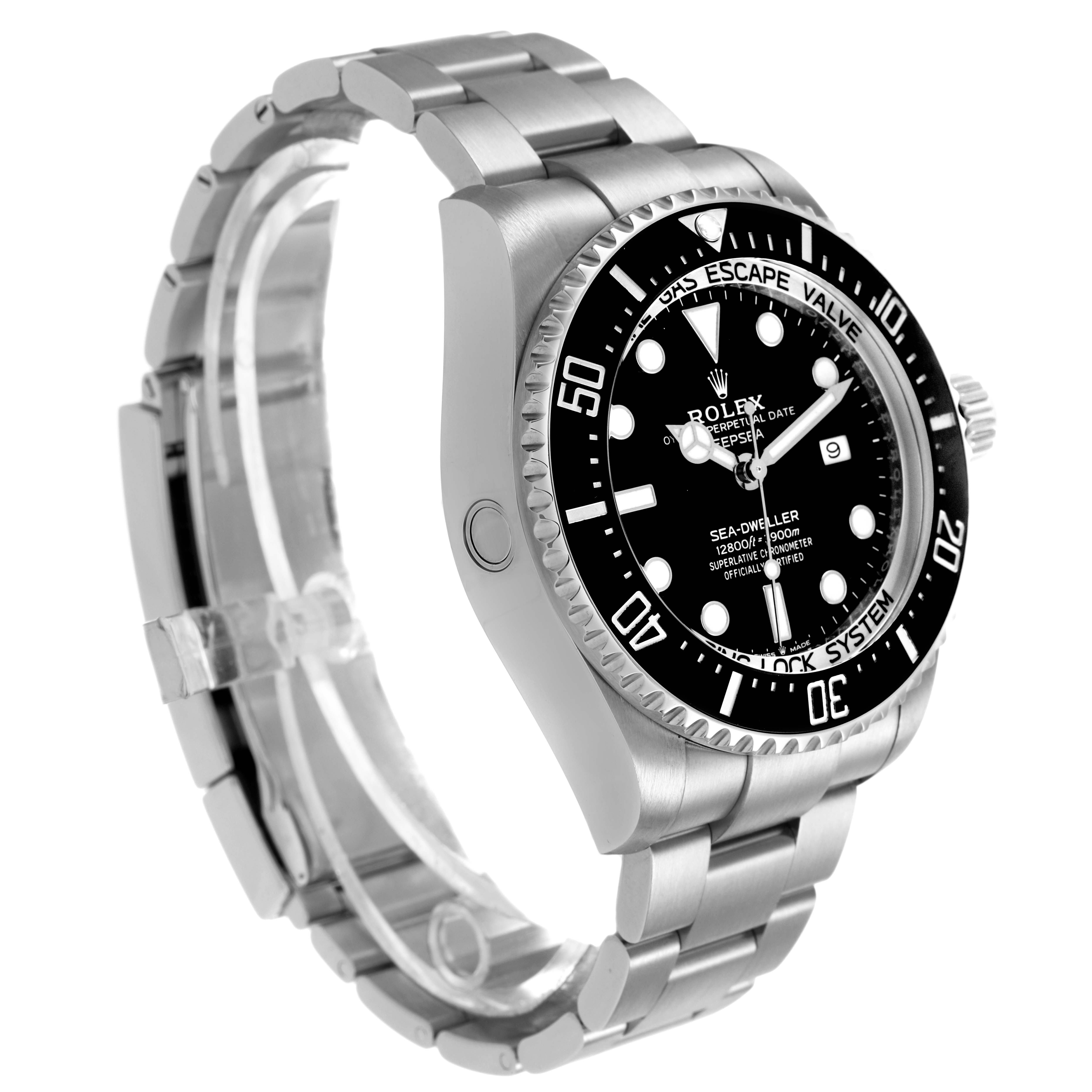 The image shows a Rolex Sea-Dweller 126660 Men's Stainless Steel Black Dial watch at a three-quarter angle, highlighting the bezel, dial, and bracelet.
