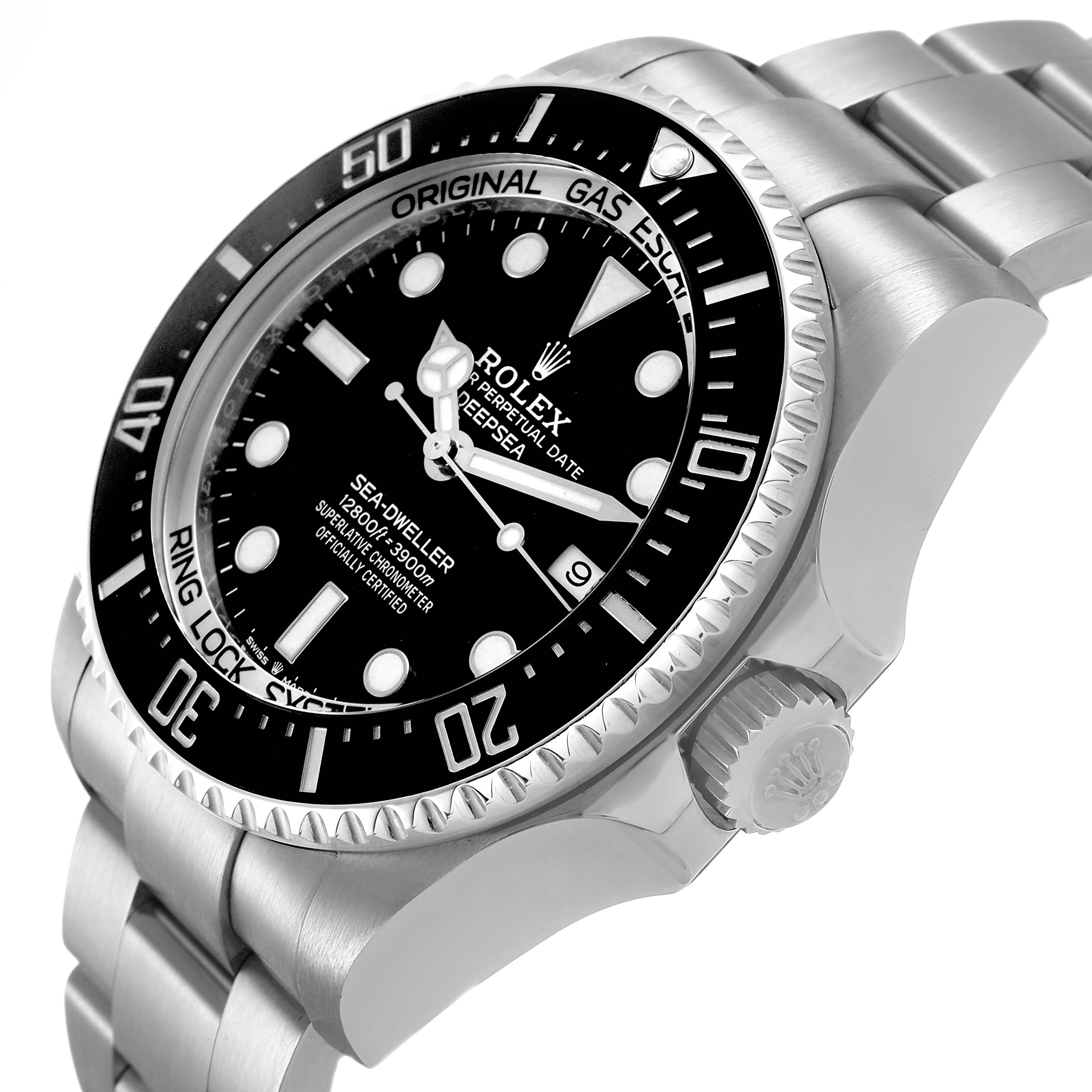 The Rolex Sea-Dweller 126660 Men's Stainless Steel Black Dial watch is shown at an angled view, highlighting the bezel, dial, crown, and part of the bracelet.