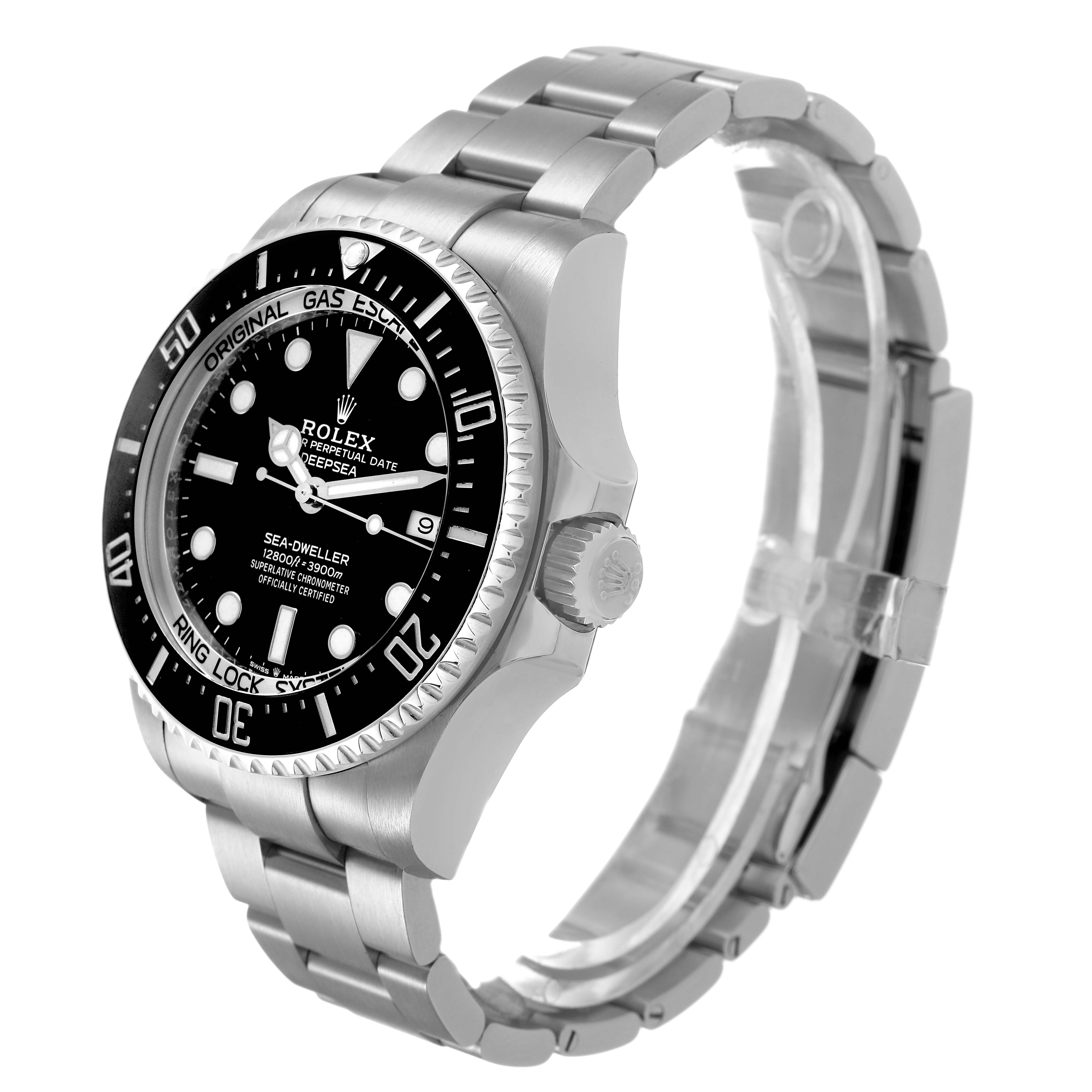 The Rolex Sea-Dweller 126660 Men's Stainless Steel Black Dial watch is shown from a three-quarter angle, highlighting the dial, bezel, crown, and bracelet.