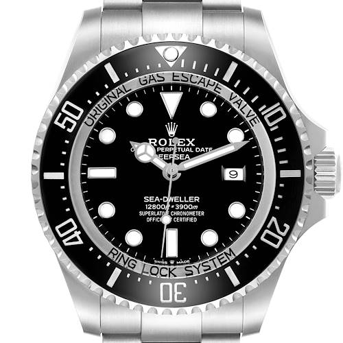 The Rolex Sea-Dweller 126660 Men's Stainless Steel Black Dial watch is shown from a front angle, highlighting the dial, bezel, and bracelet.