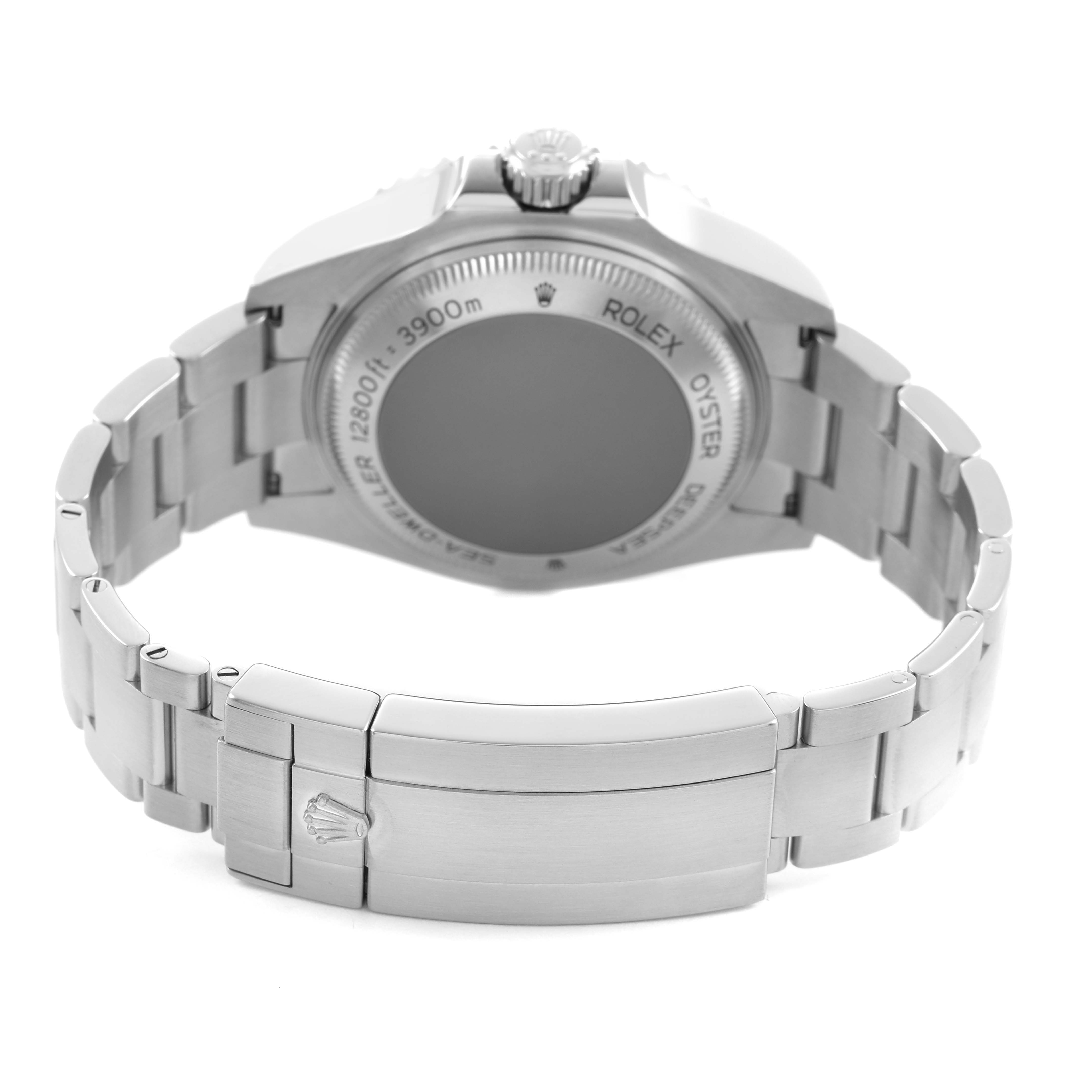 The image shows the back of the Rolex Sea-Dweller 126660 Men's Stainless Steel Black Dial watch, highlighting the clasp and case back.