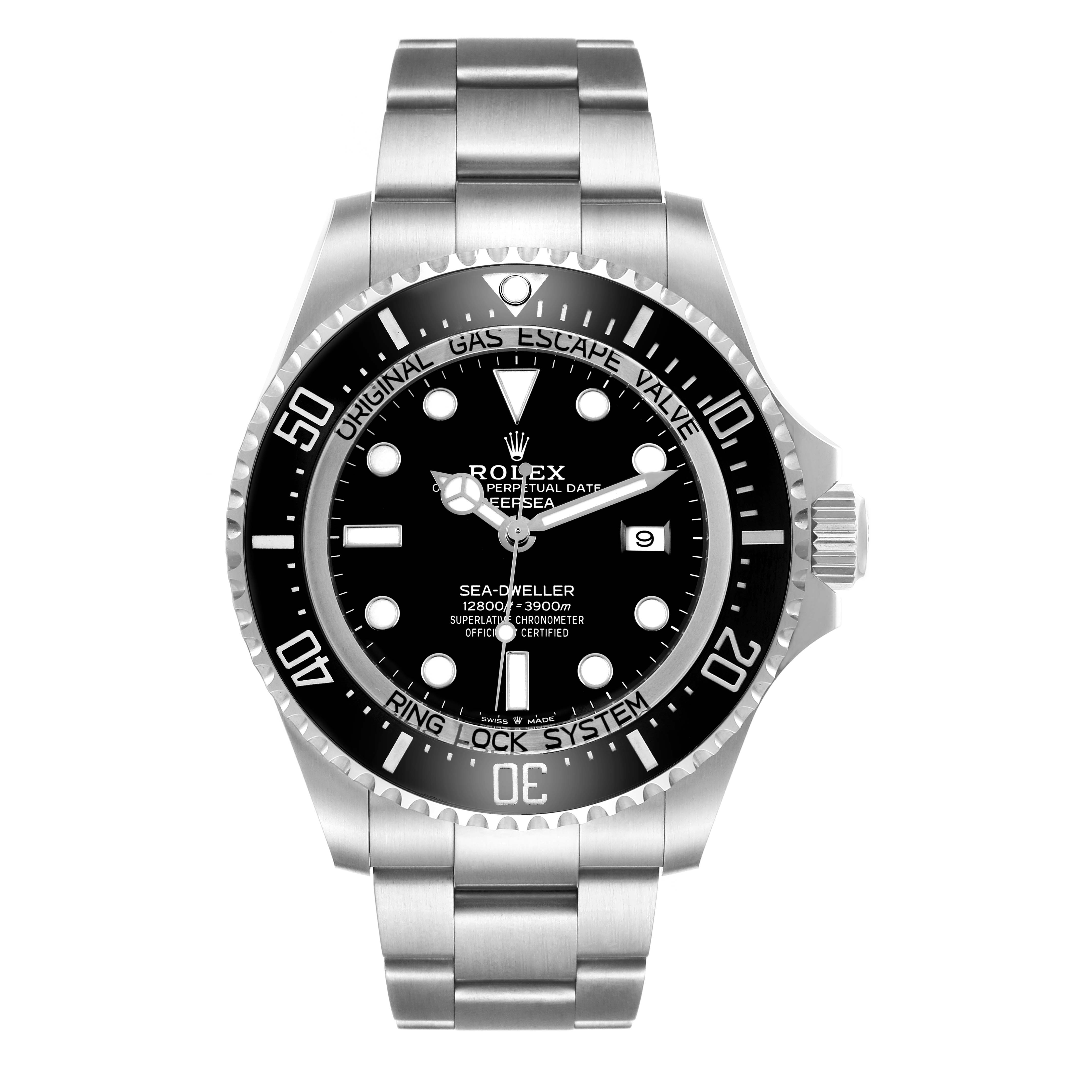 The image shows a frontal view of the Rolex Sea-Dweller 126660 Men's Stainless Steel Black Dial, highlighting the dial, bezel, and stainless steel bracelet.