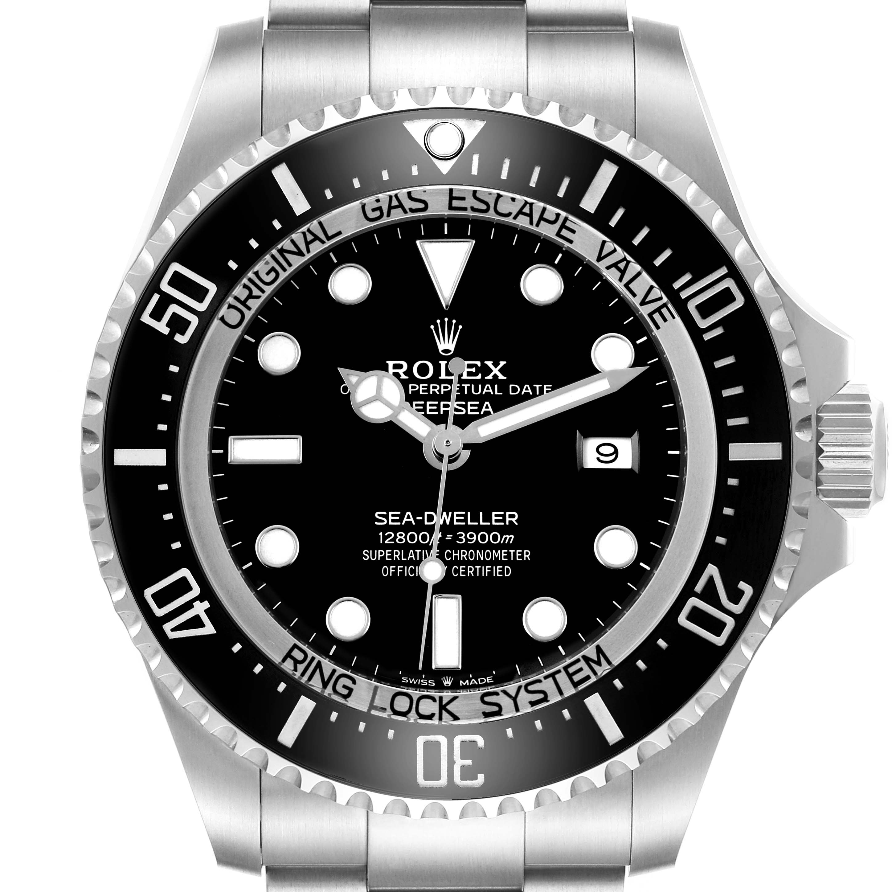 The image shows a frontal view of a Rolex Sea-Dweller 126660 Men's Stainless Steel Black Dial, highlighting the bezel, dial, and bracelet.