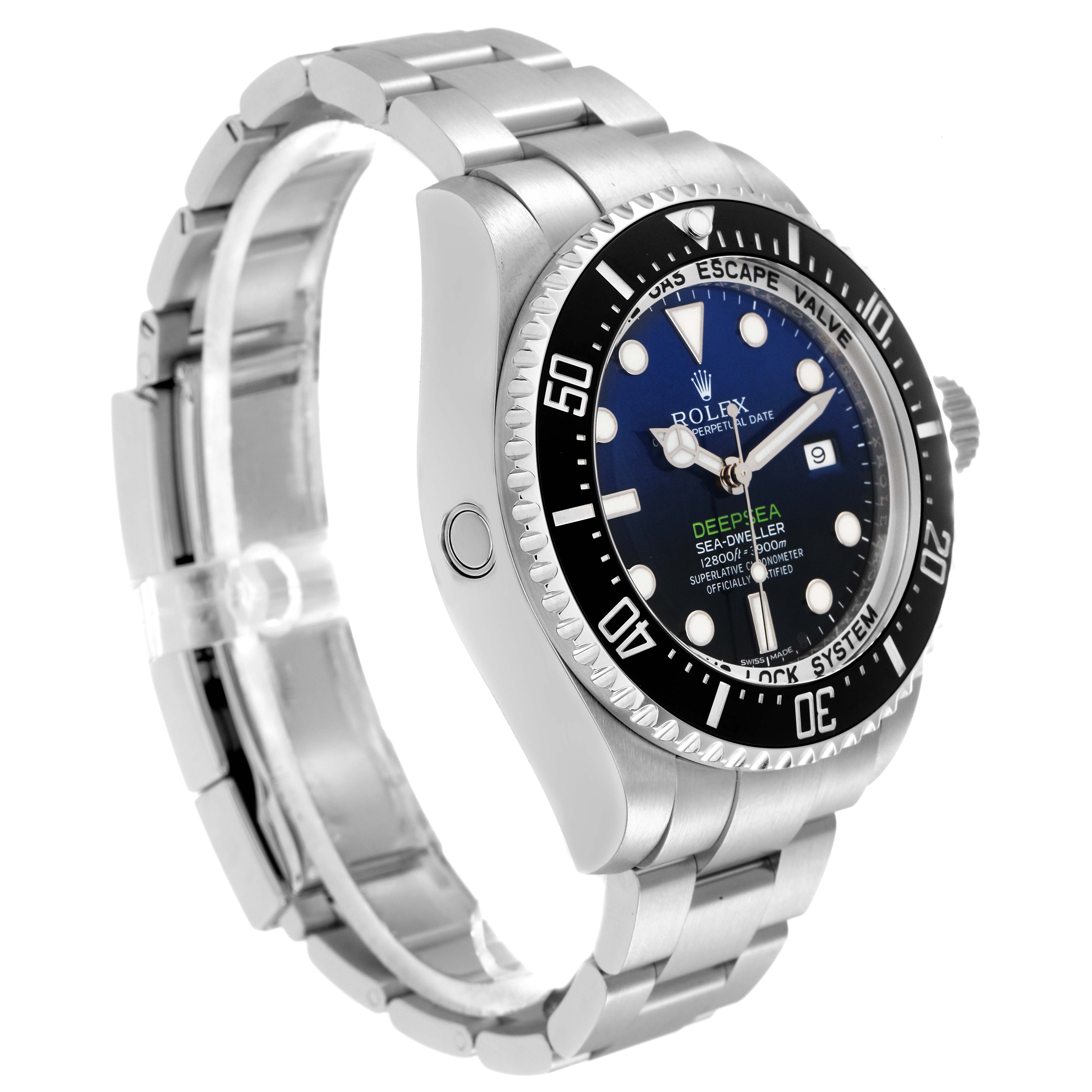 The Rolex Sea-Dweller model 116660 watch is shown at a three-quarter angle, displaying its face, unidirectional bezel, crown, and metal bracelet.