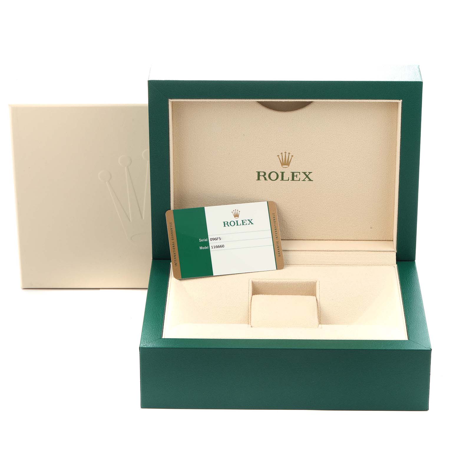 The image shows a Rolex Sea-Dweller model 116660 watch box and guarantee card, viewed from above with the card placed inside the open box.