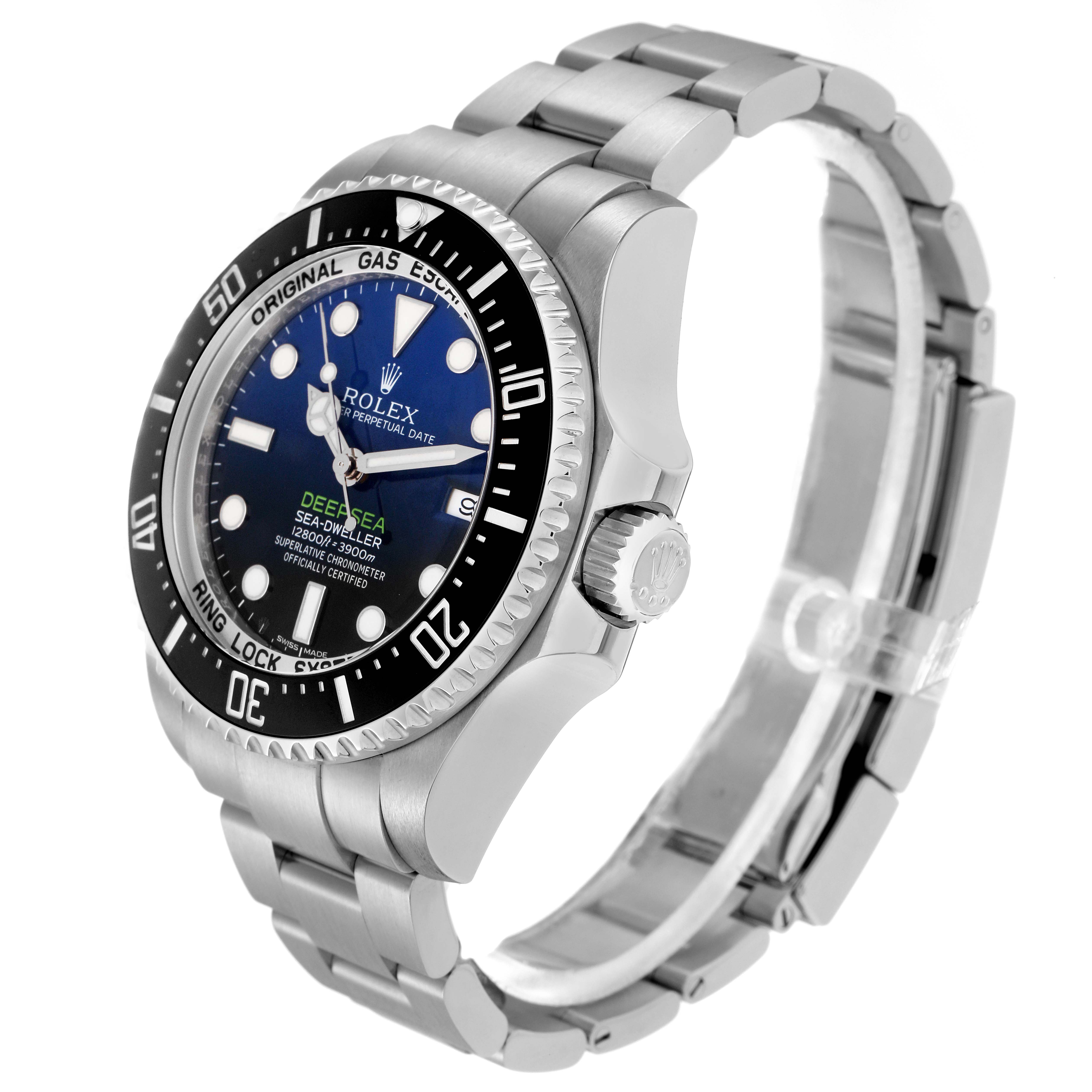 The Rolex Sea-Dweller model 116660 watch is shown from a three-quarter angle, highlighting the bezel, dial, crown, and part of the bracelet.