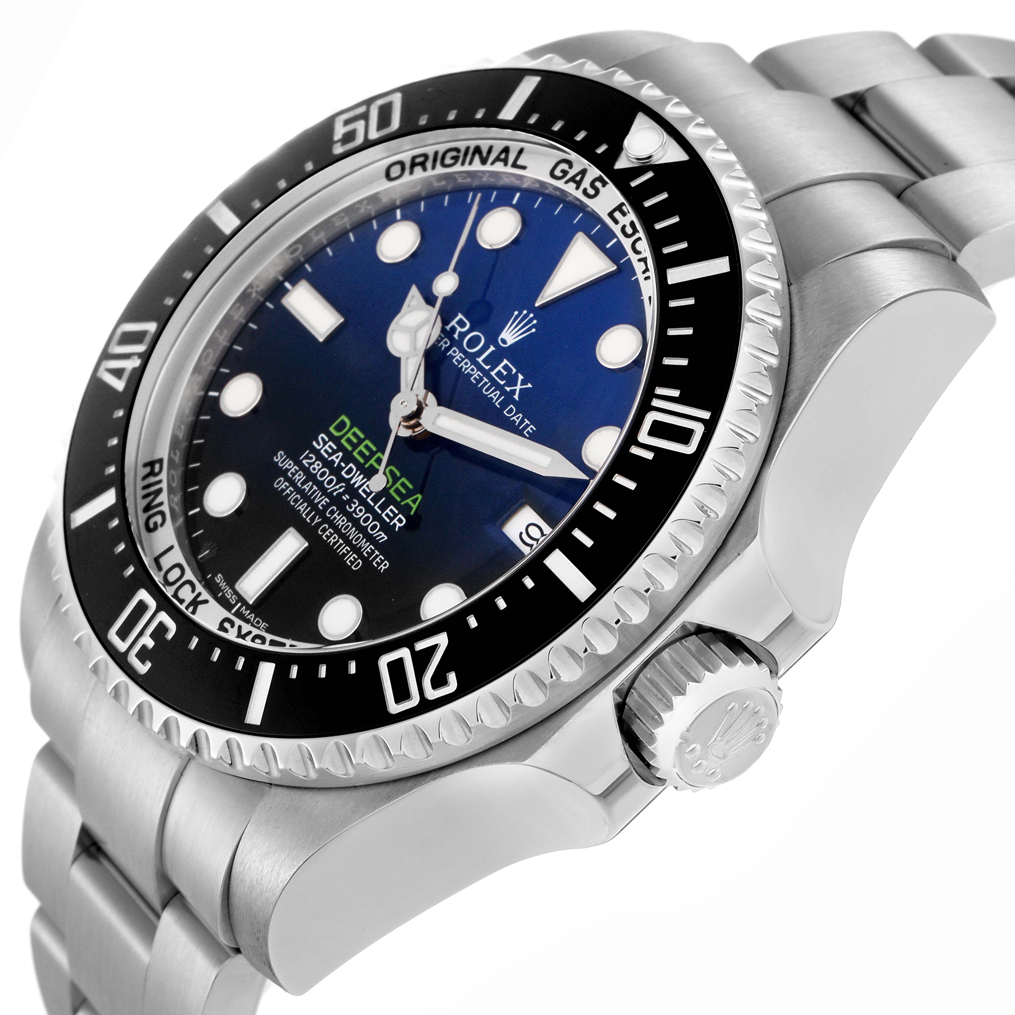 The image shows a side angle of the Rolex Sea-Dweller model 116660, highlighting the bezel, crown, and bracelet.