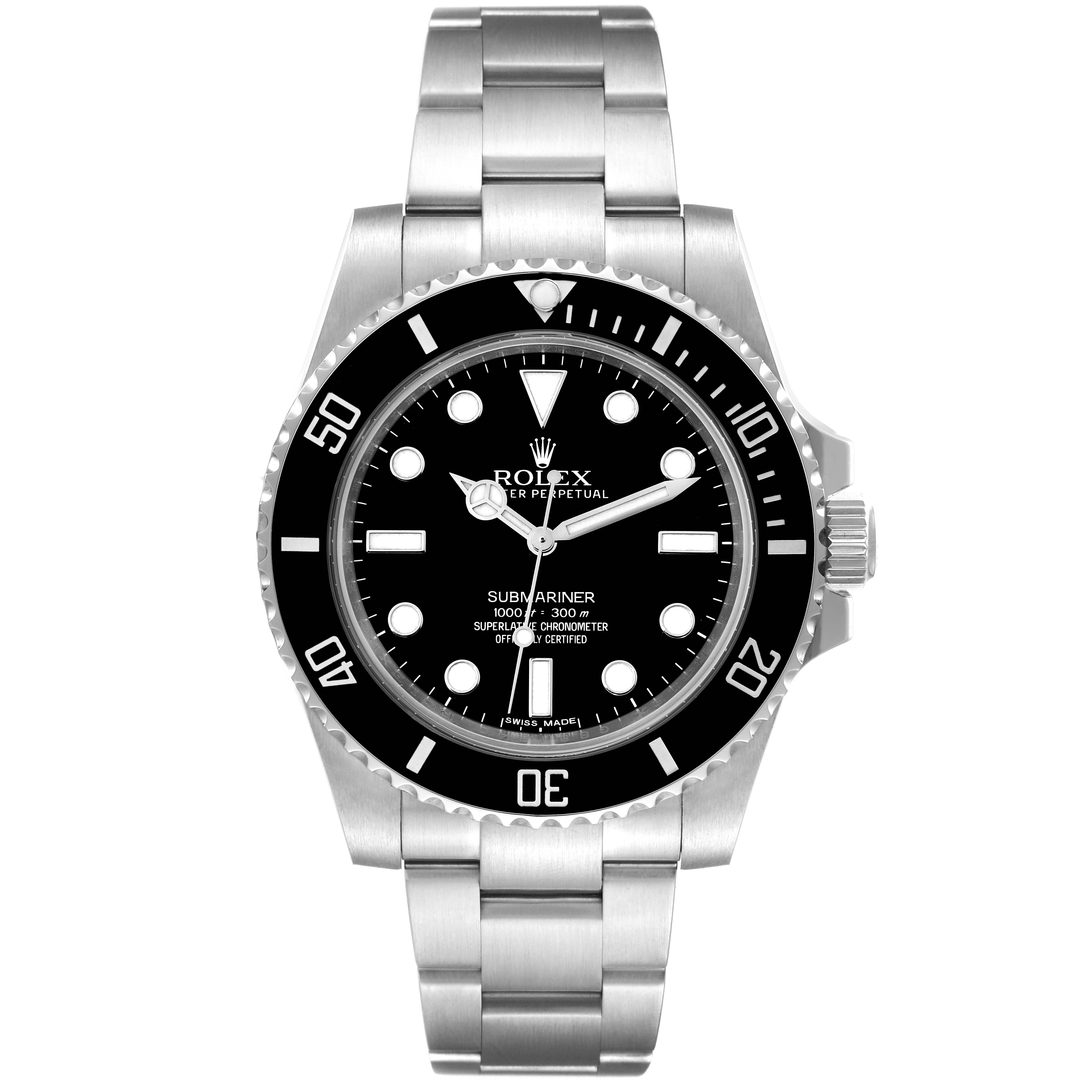 This image shows a front view of the Rolex Submariner 114060 Men
s Stainless Steel Black Dial 114060 Men
s Stainless Steel Black Dial watch, displaying its face, bezel, and metal bracelet.