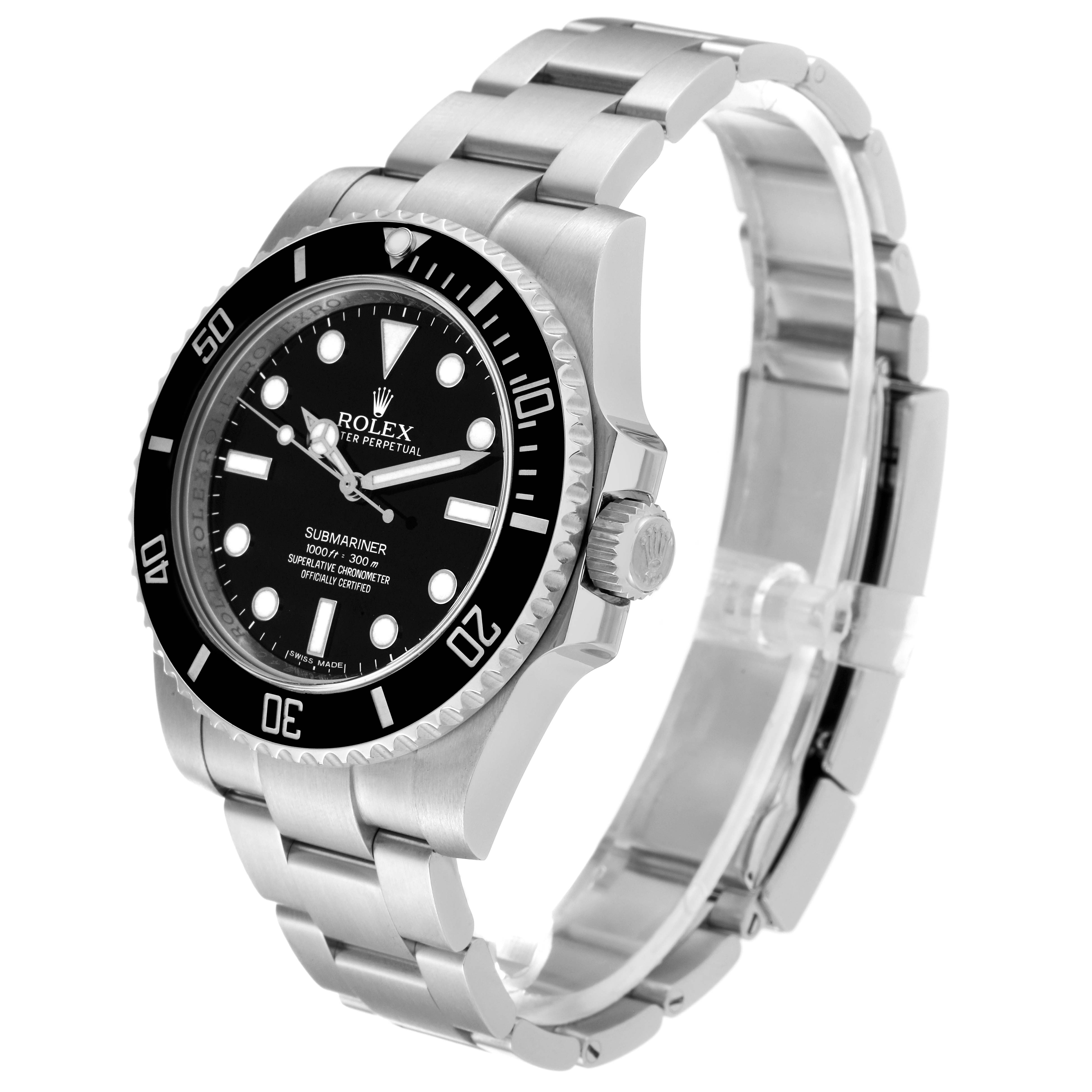 The image shows the front and side angle of the Rolex Submariner 114060 Men
s Stainless Steel Black Dial 114060 Men
s Stainless Steel Black Dial watch, displaying the dial, bezel, case, and bracelet.