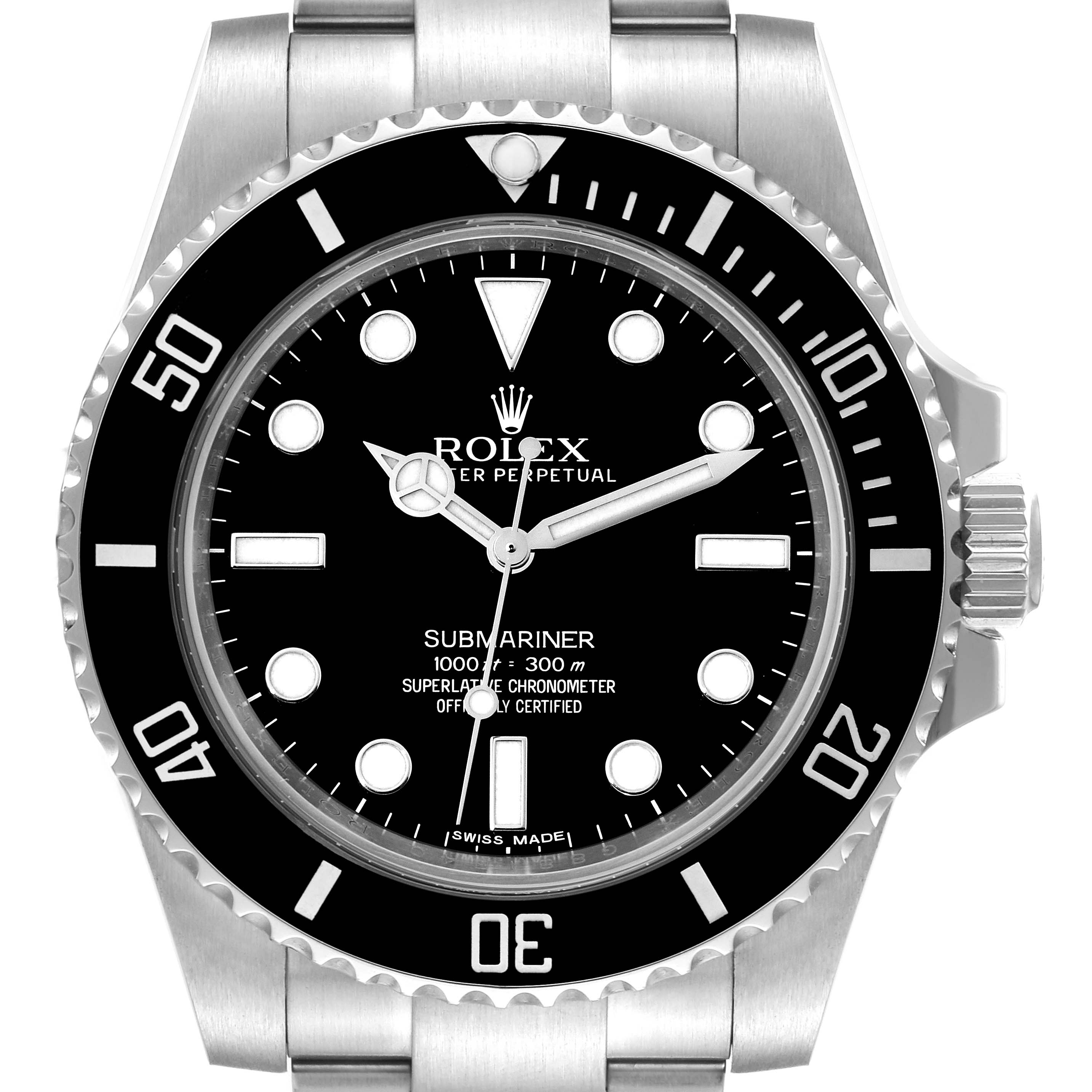The image shows a front-facing view of the Rolex Submariner 114060 Men
s Stainless Steel Black Dial 114060 Men
s Stainless Steel Black Dial watch, displaying its dial, bezel, and bracelet.