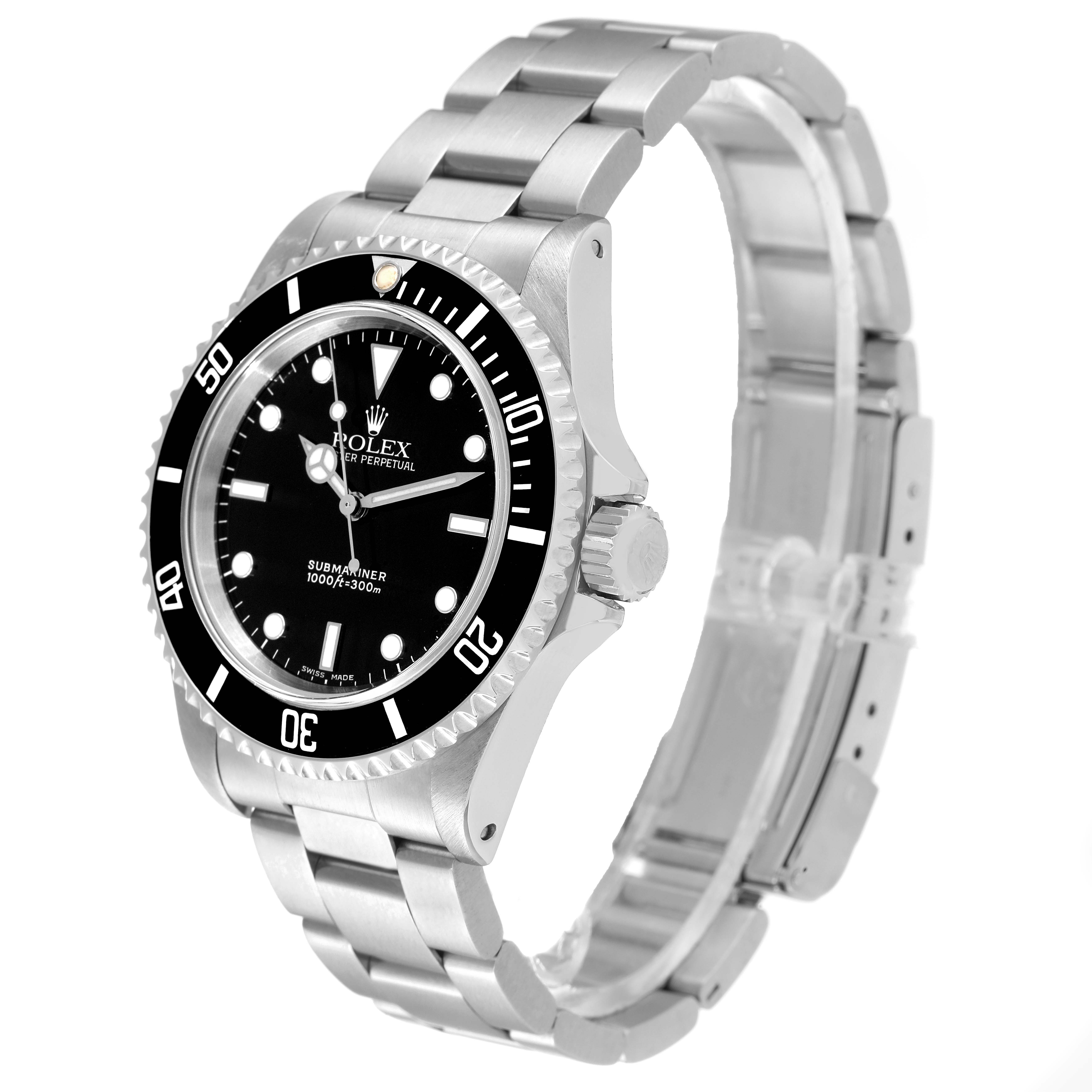 The image shows a Rolex Submariner 14060 Men
s Stainless Steel Black Dial 14060 Men
s Stainless Steel Black Dial watch from a front angle, highlighting its black dial, bezel, and stainless steel bracelet.