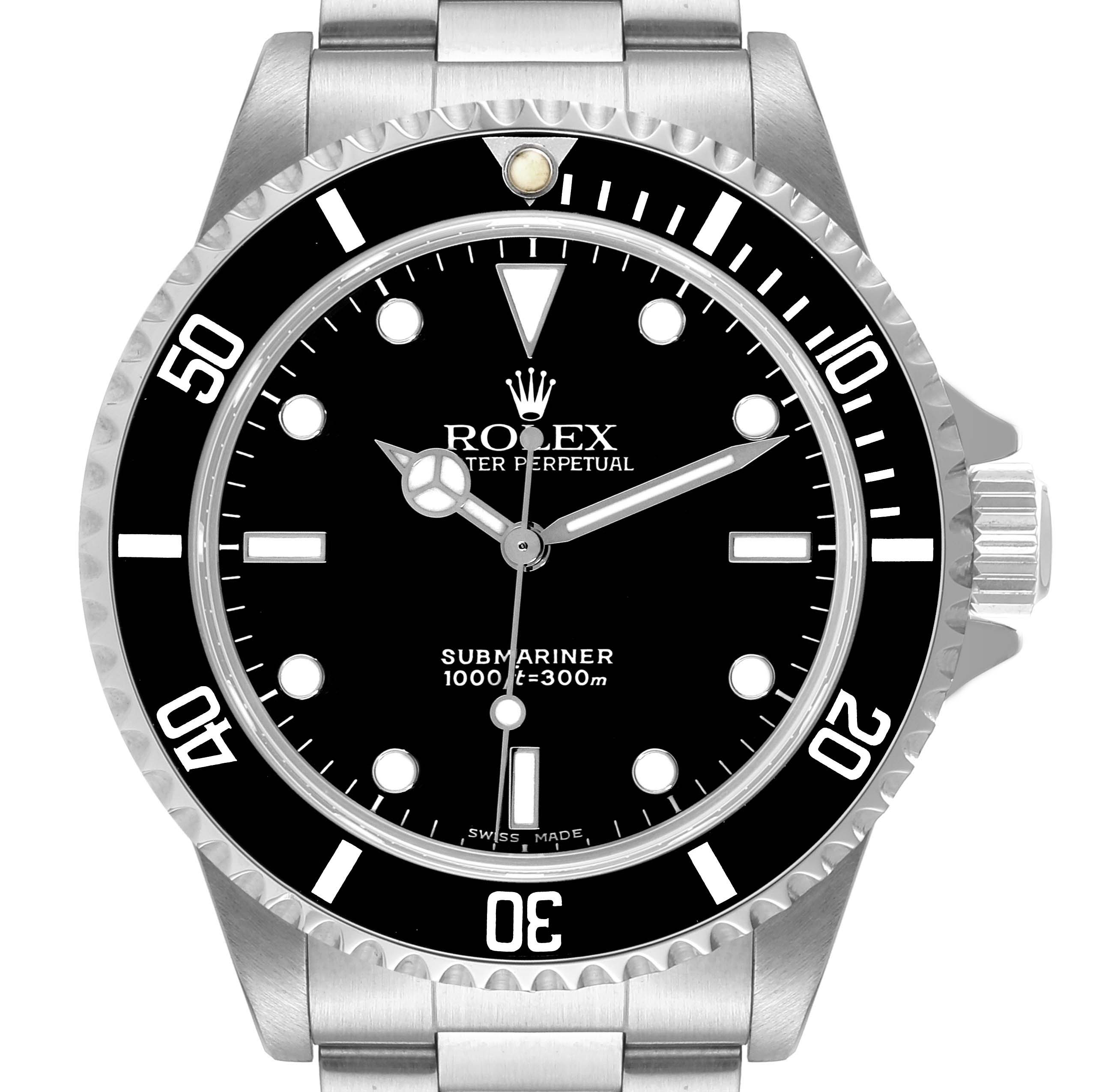 This image shows a front view of a Rolex Submariner 14060 Men
s Stainless Steel Black Dial 14060 Men
s Stainless Steel Black Dial watch, highlighting its bezel, dial, and bracelet.