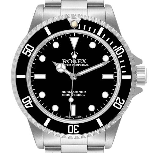 The image shows a front view of the Rolex Submariner watch, highlighting its face, bezel, hands, hour markers, and part of the bracelet.