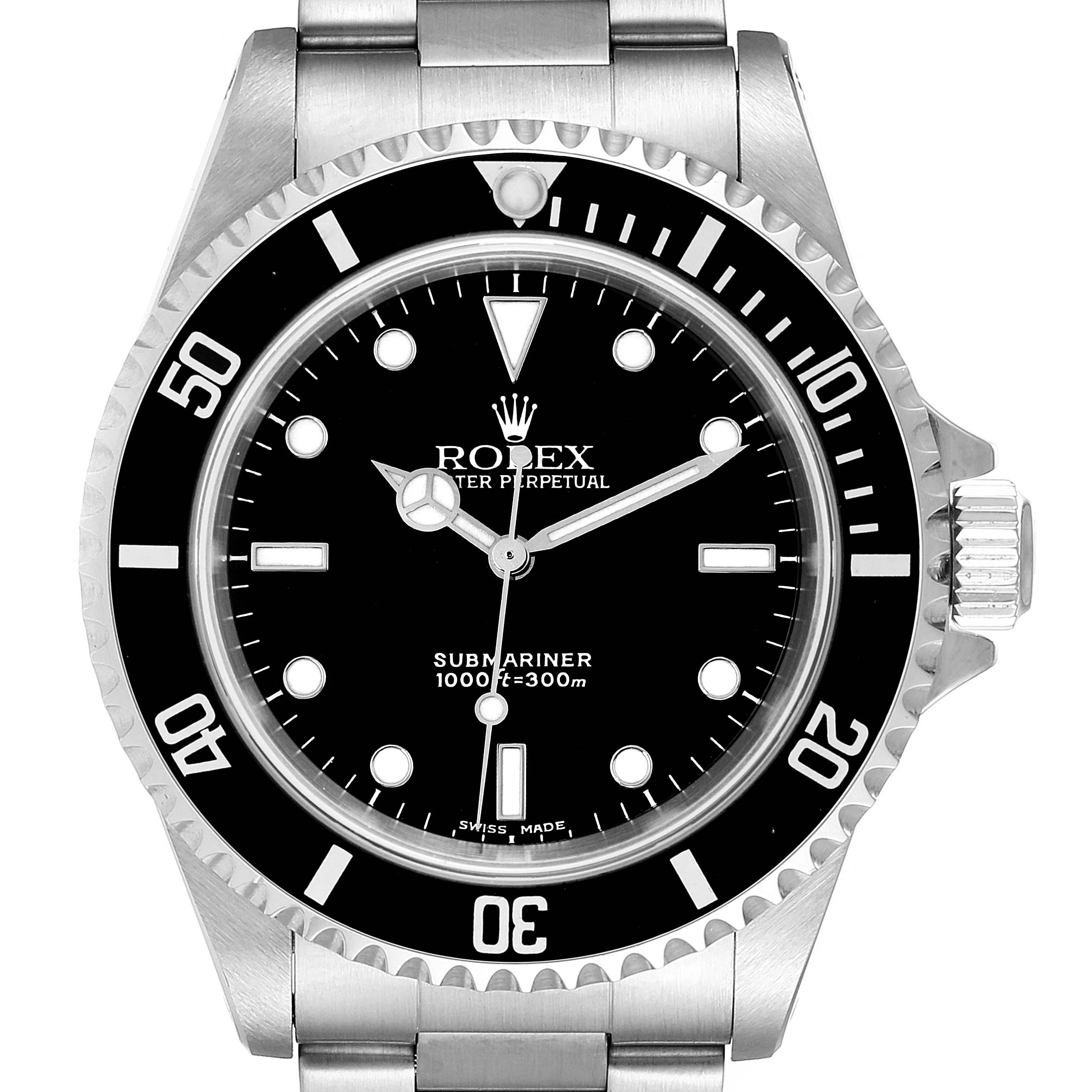 The image shows a front view of the dial, bezel, and part of the bracelet of a Rolex Submariner 14060 Men
s Stainless Steel Black Dial 14060 Men
s Stainless Steel Black Dial watch.