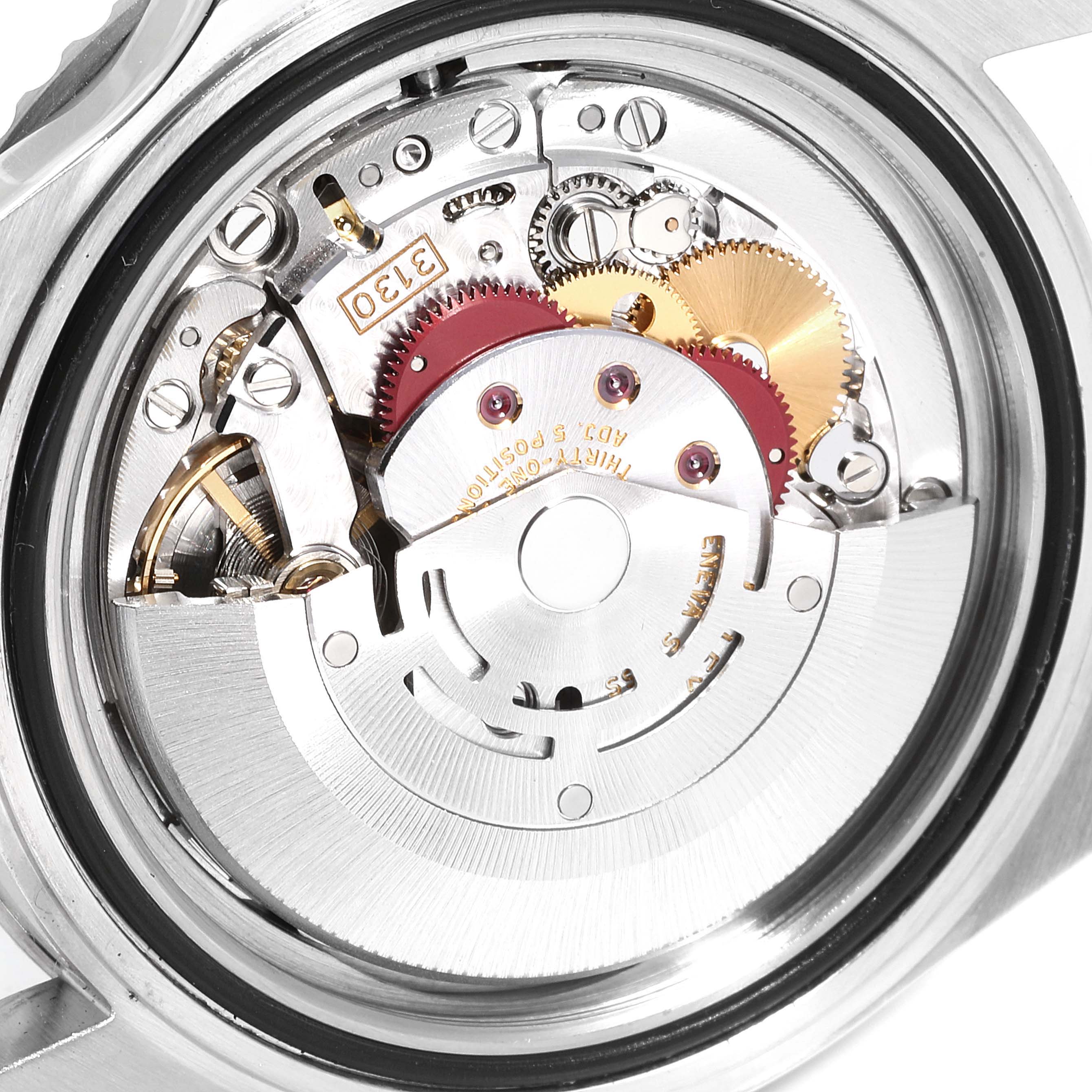 This image shows the intricate internal movement mechanism of a Rolex Submariner 14060 Men's Stainless Steel Black Dial 14060 Men's Stainless Steel Black Dial watch.