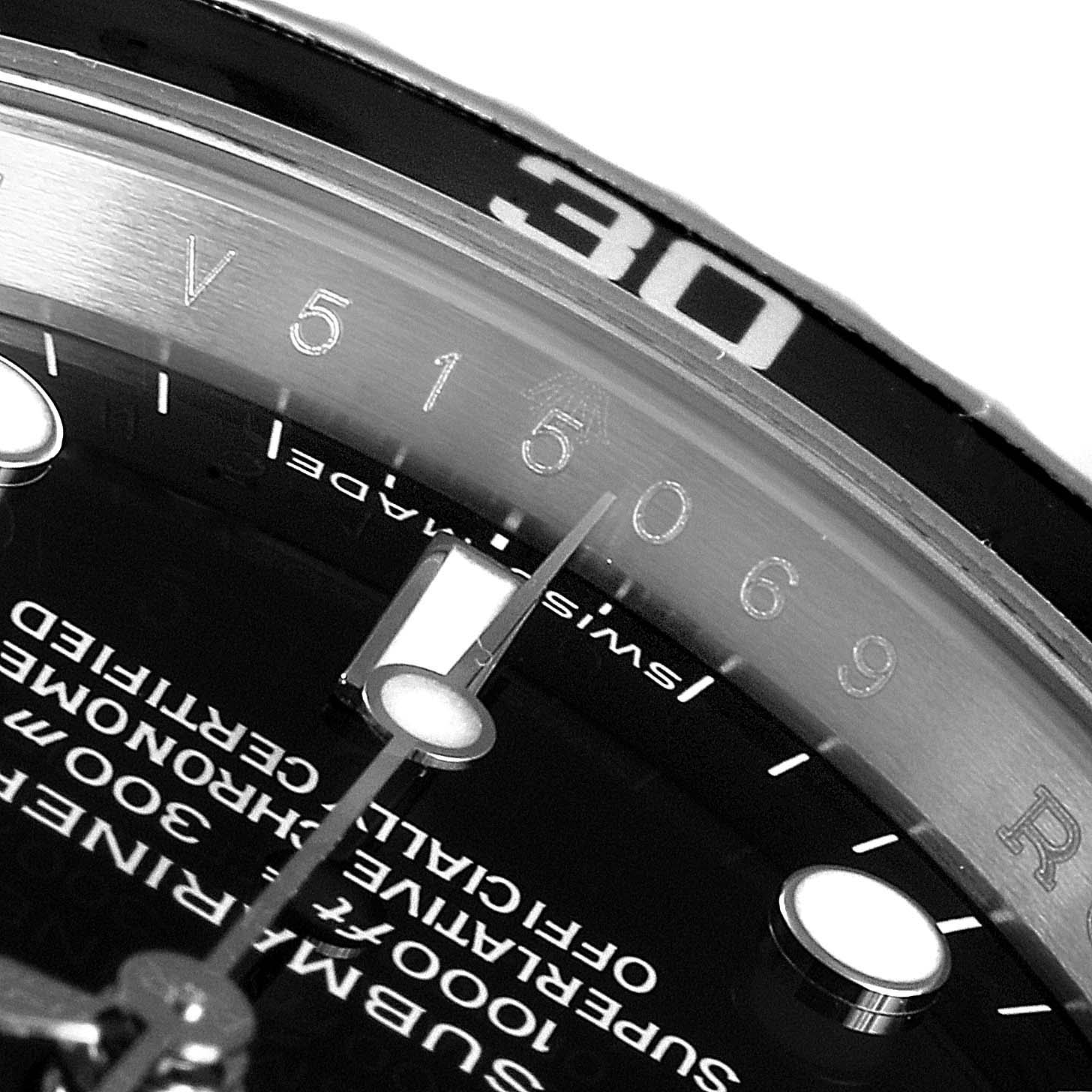 The image shows a close-up of the Rolex Submariner 14060 Men's Stainless Steel Black Dial 14060 Men's Stainless Steel Black Dial watch face, focusing on the dial and bezel with the minute and second markers visible.