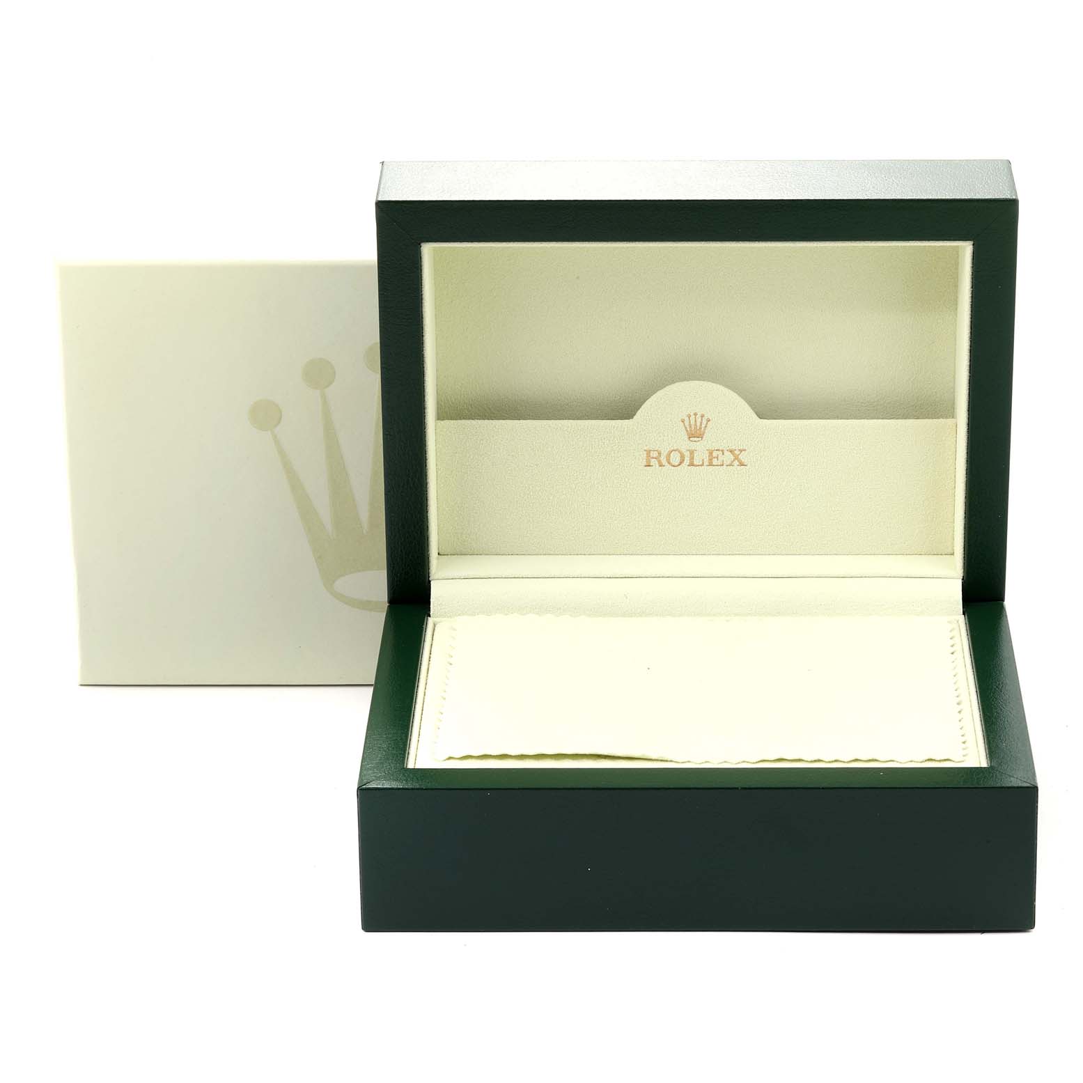 The image shows an open Rolex watch box and sleeve for the Submariner model, displaying its interior nesting and logo.