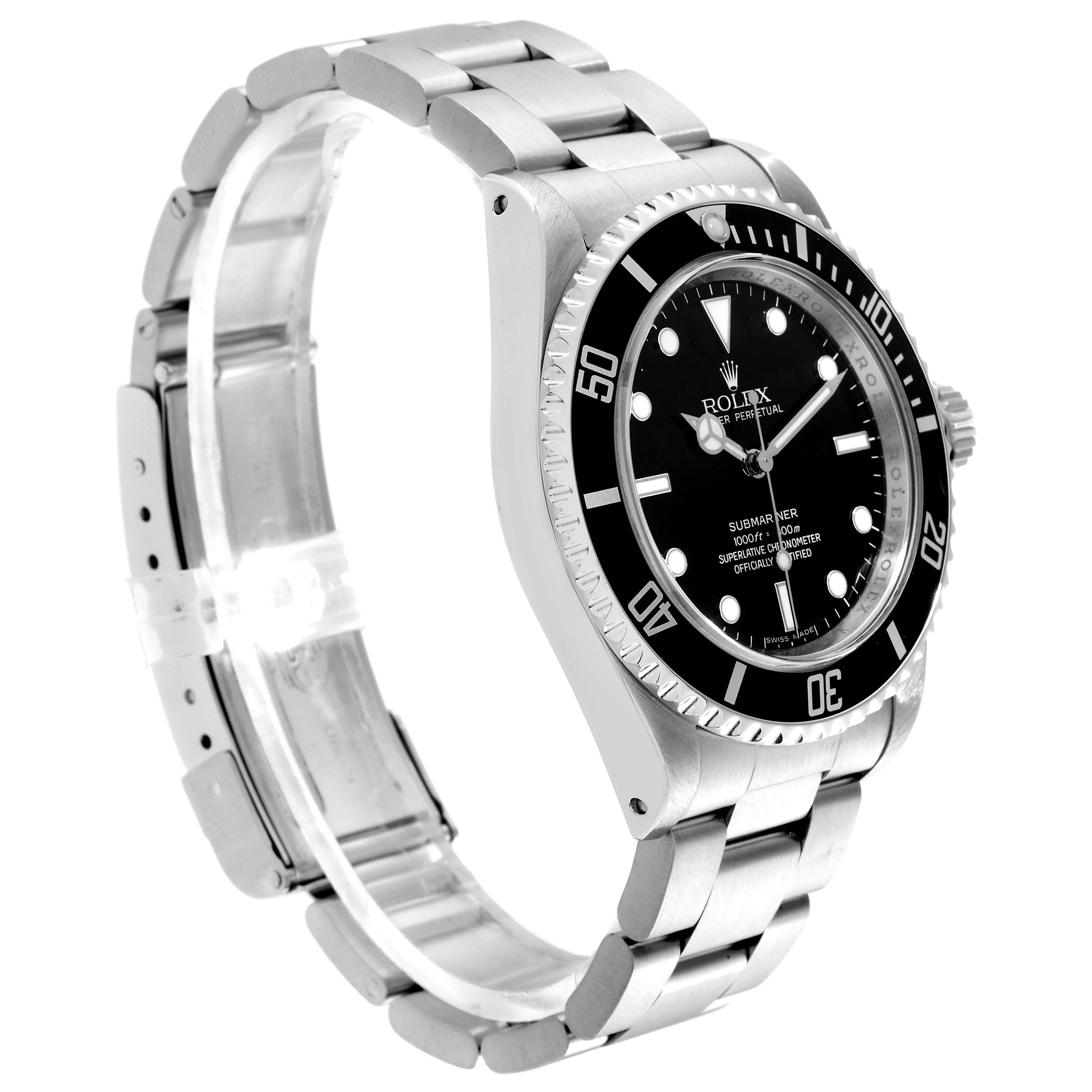 The image shows a side view of a Rolex Submariner 14060 Men's Stainless Steel Black Dial 14060 Men's Stainless Steel Black Dial watch, highlighting the bracelet, bezel, and dial.
