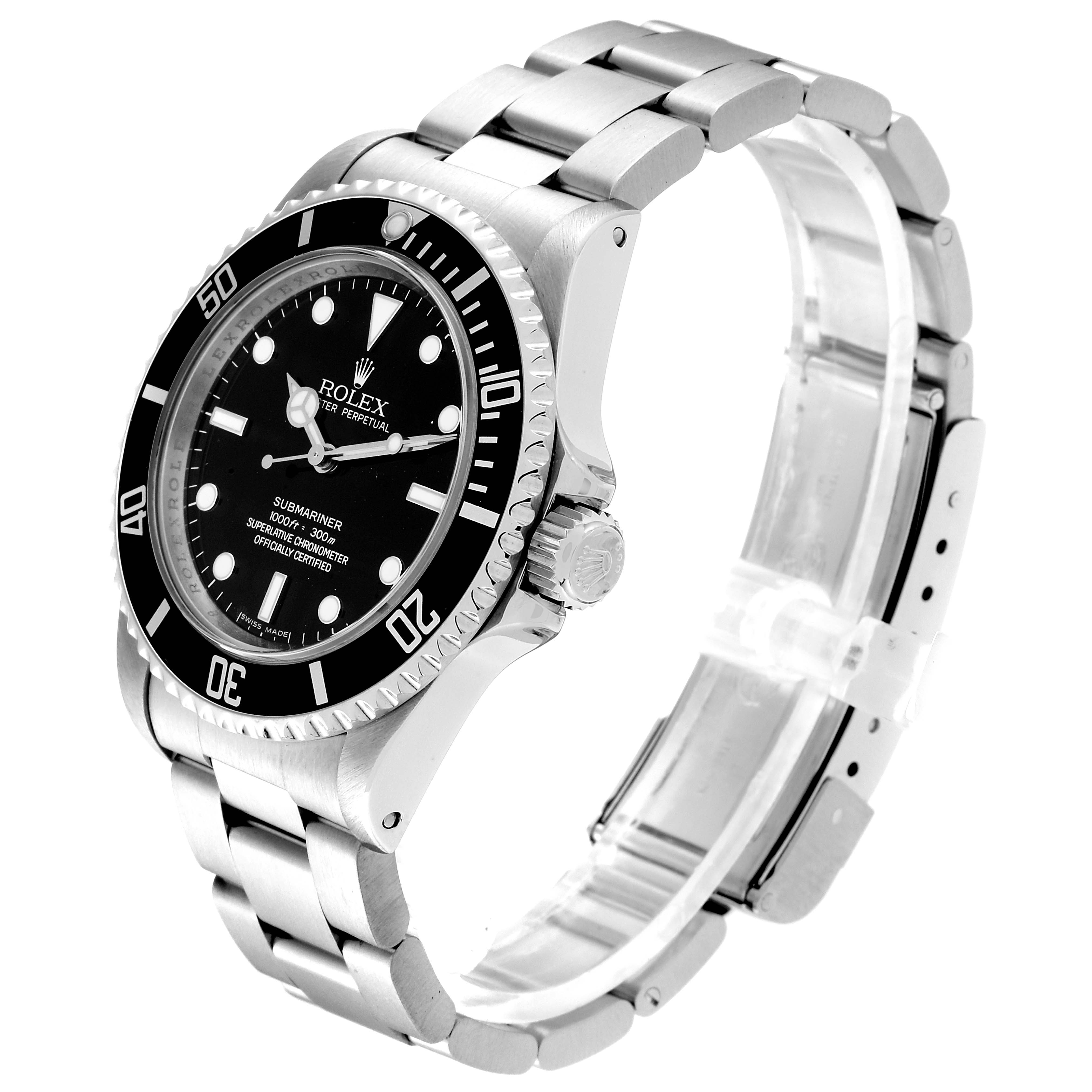The image shows the side and front view of the Rolex Submariner 14060 Men's Stainless Steel Black Dial 14060 Men's Stainless Steel Black Dial watch, featuring its black dial, bezel, and stainless steel bracelet.