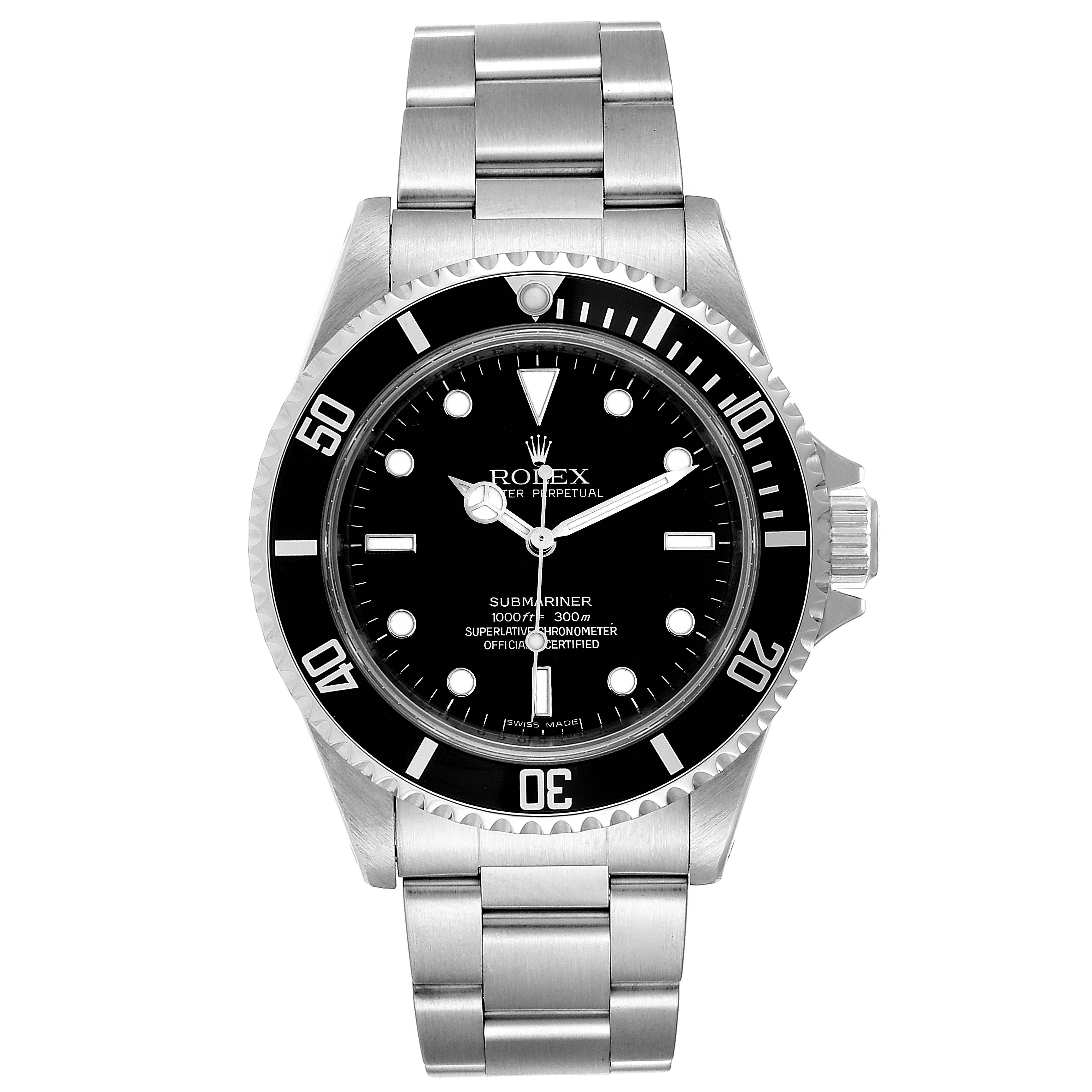 This image shows a front view of a Rolex Submariner 14060 Men's Stainless Steel Black Dial 14060 Men's Stainless Steel Black Dial watch, displaying its dial, bezel, and bracelet.