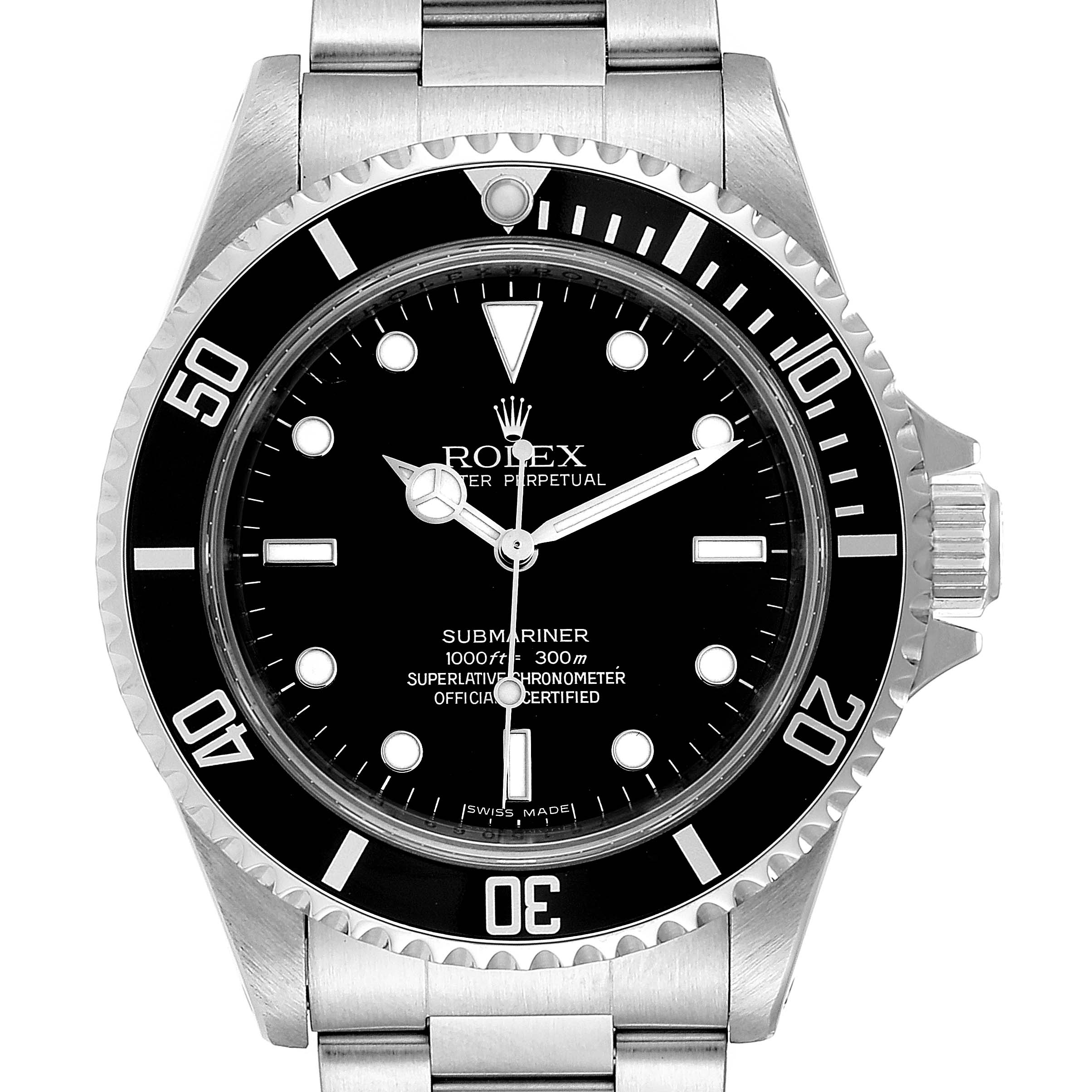 This is a front view of the Rolex Submariner 14060 Men's Stainless Steel Black Dial 14060 Men's Stainless Steel Black Dial watch, showing the dial, bezel, and part of the bracelet.